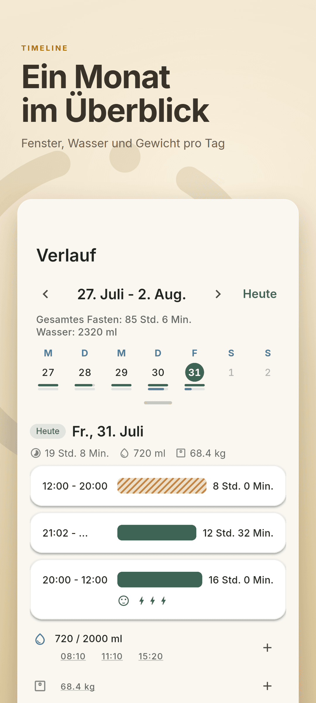 Timeline-Tab mit Wochenkalender und Tagesdetail: Zeitfenster, Wasser und Gewicht