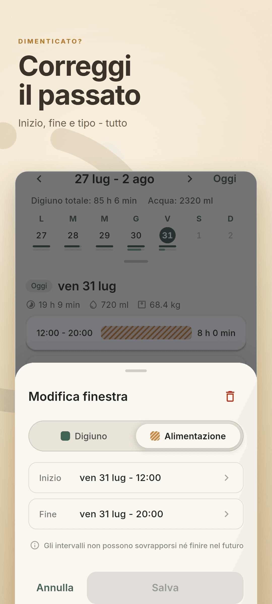 Il foglio di modifica aperto sopra la timeline, con il selettore digiuno/pasto e gli orari di inizio e fine modificabili