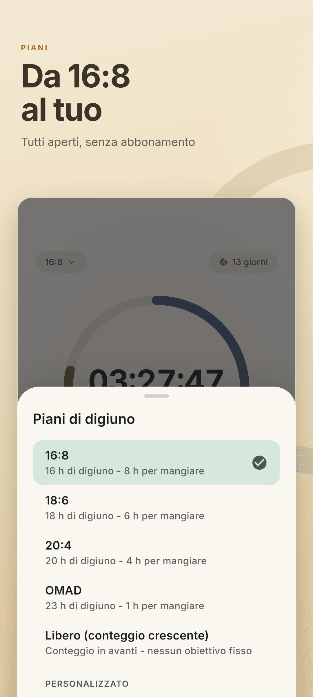 Il foglio dei piani con 16:8, 18:6, 20:4, OMAD, conteggio in avanti e un piano personale 14:10