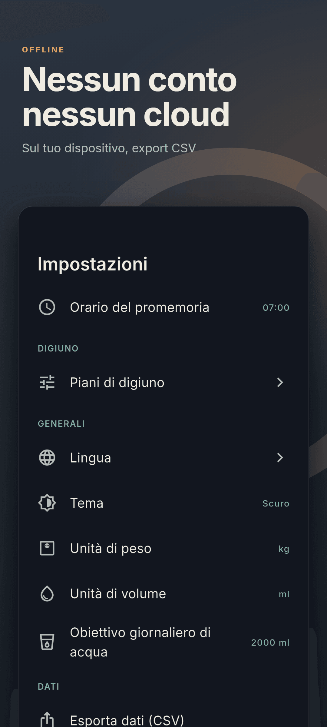 Le impostazioni nel tema scuro, con le unità e l'export dei dati in CSV