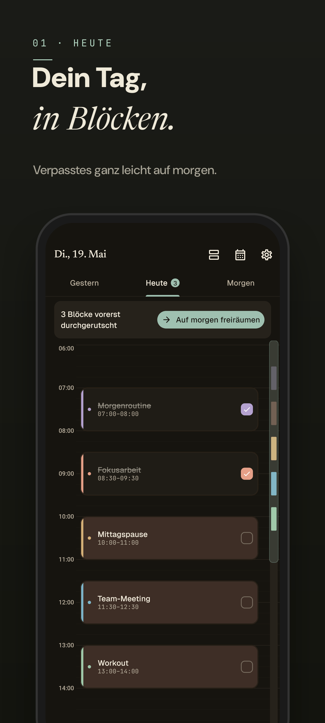 Easeline Zeitleiste - dieselbe Tageszeitleiste im ruhigen Dark Mode