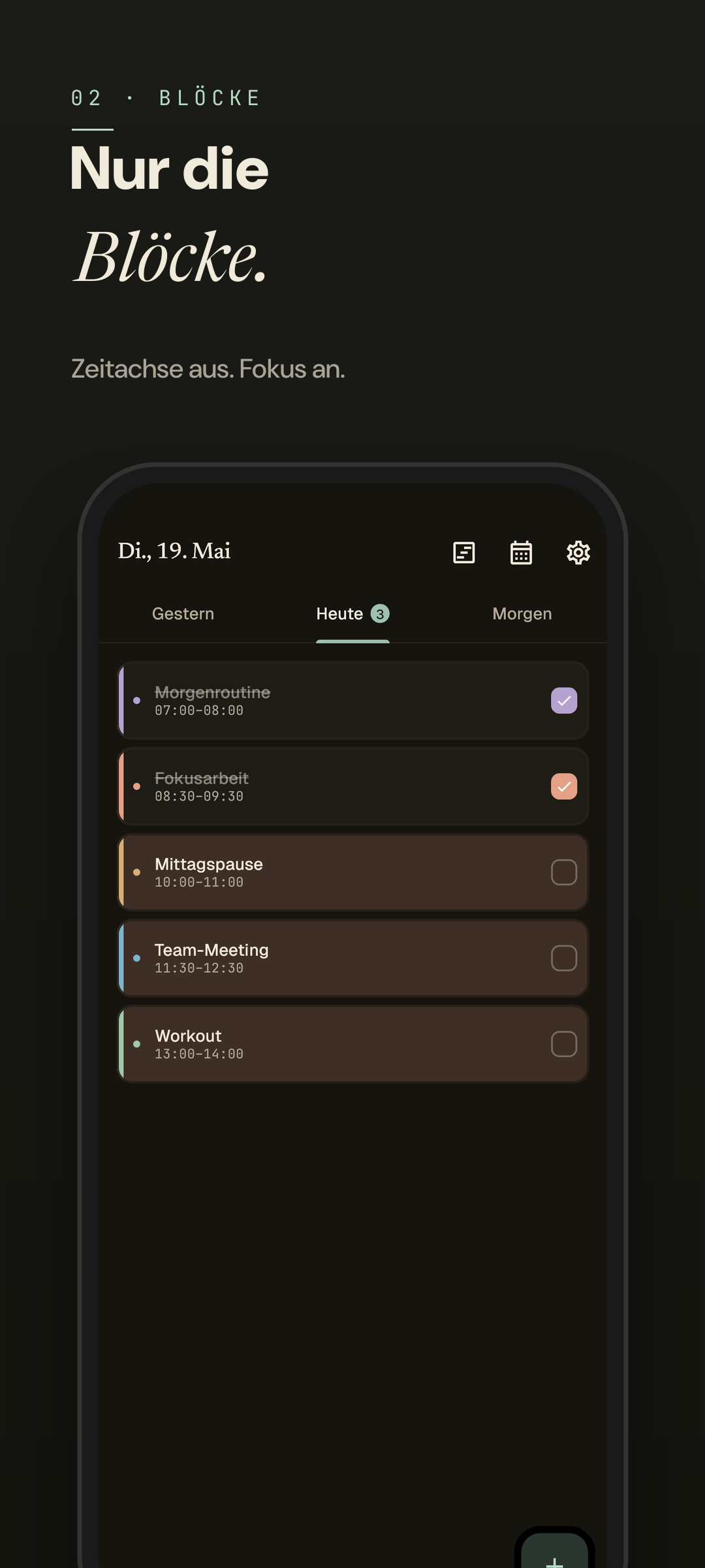 Easeline Blockmodus - derselbe Block-Picker im Dark Mode
