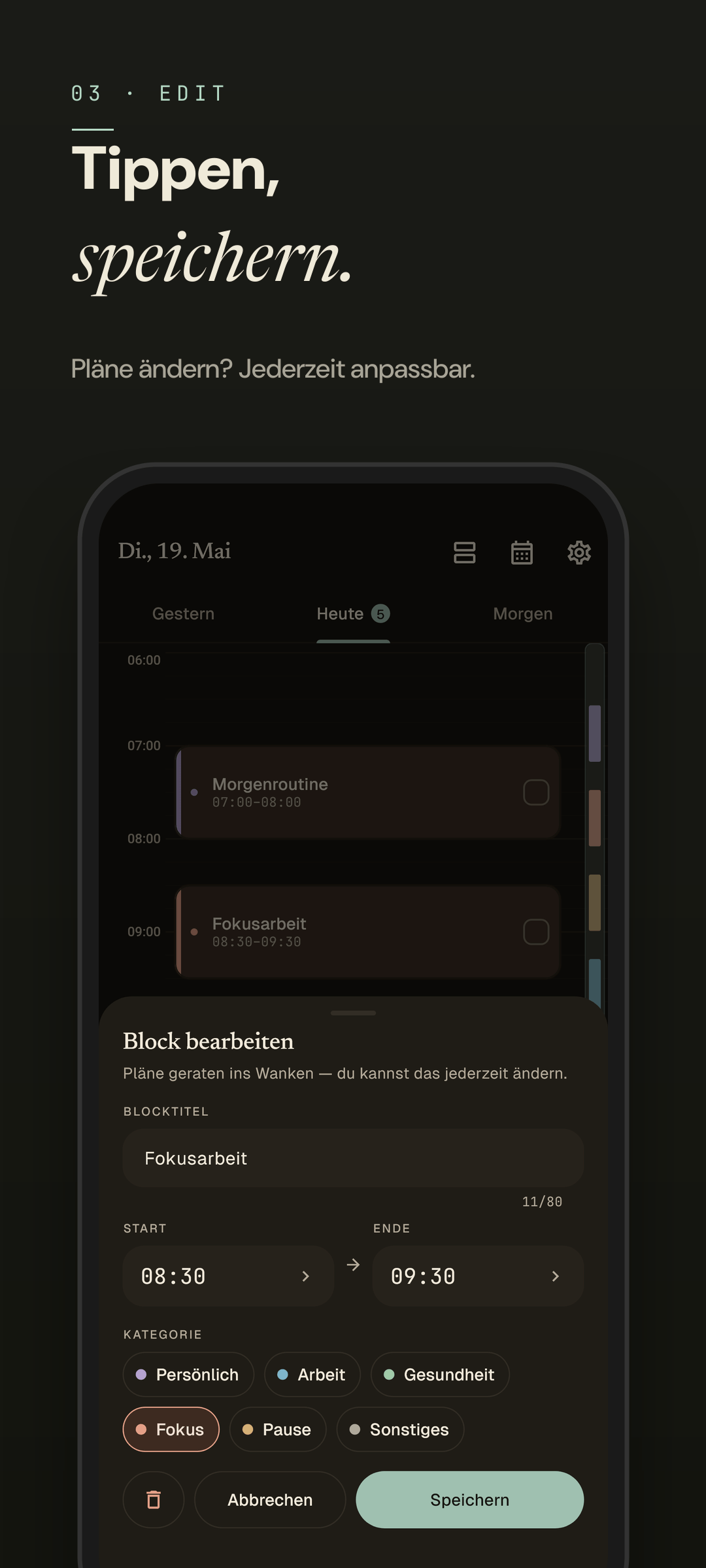 Easeline Block-Editor - derselbe Editor im Dark Mode