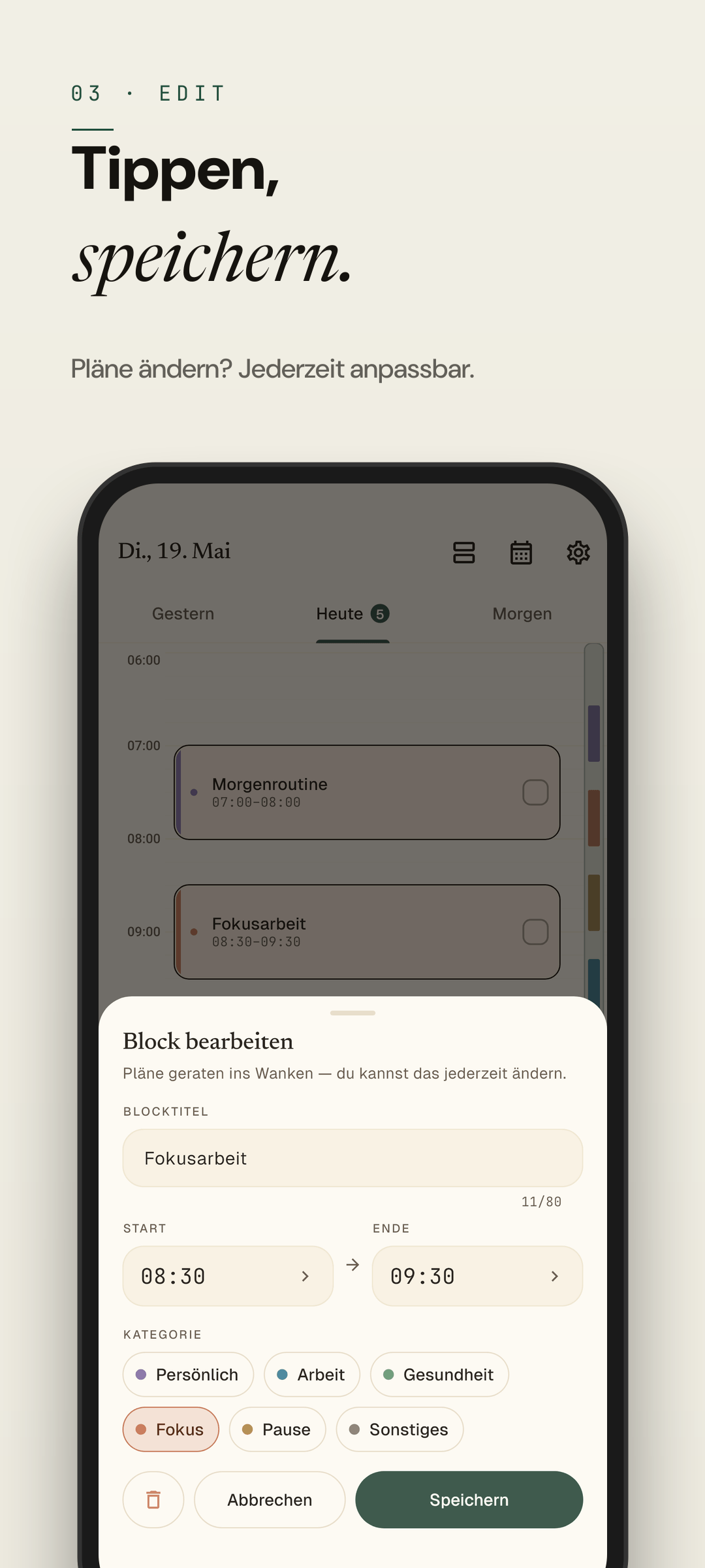 Easeline Block-Editor - Zeit, Dauer und Bezeichnung eines Blocks anpassen (helles Theme)