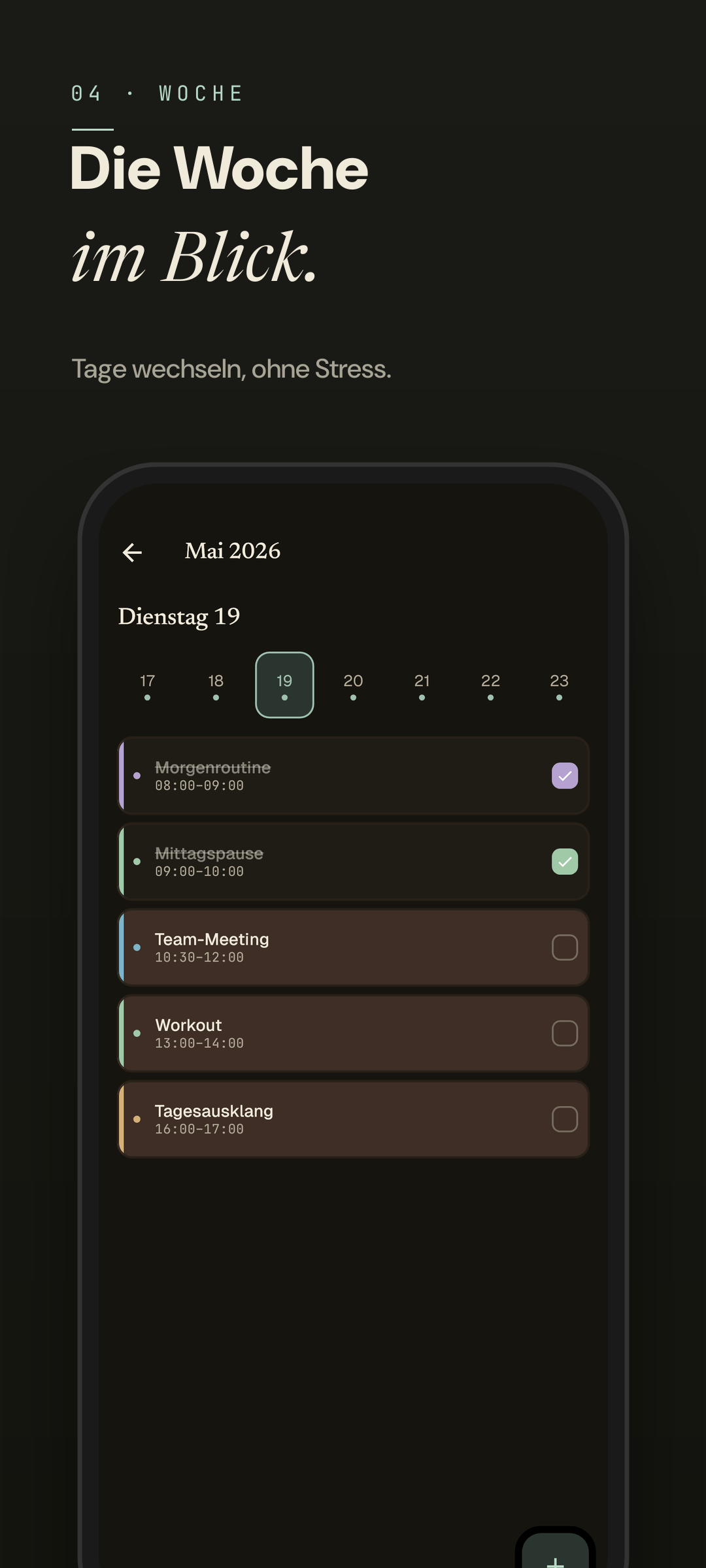 Easeline Wochenansicht - dieselbe Wochenübersicht im Dark Mode