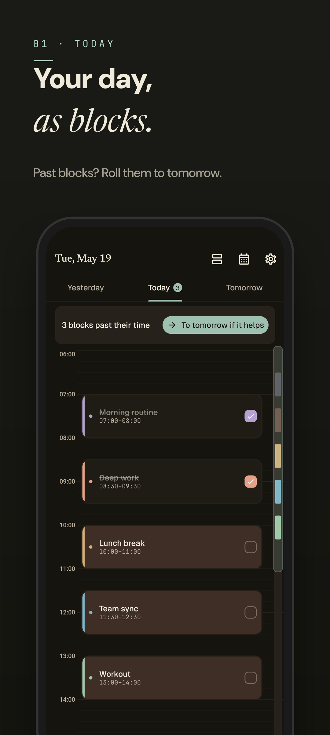 Easeline timeline - the same day timeline rendered in calm dark mode