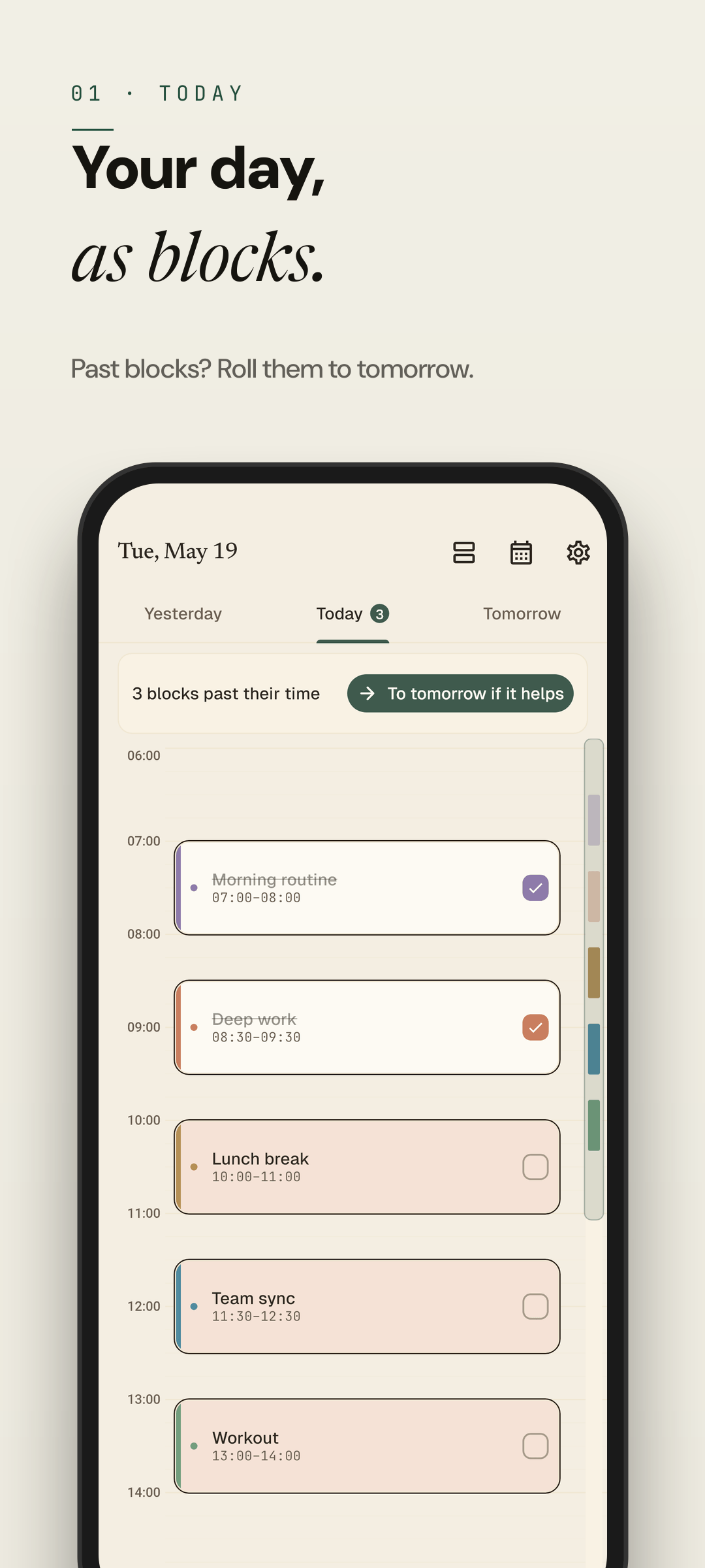 Easeline timeline - vertical day timeline from 6 AM to 11 PM with colored time blocks (light theme)