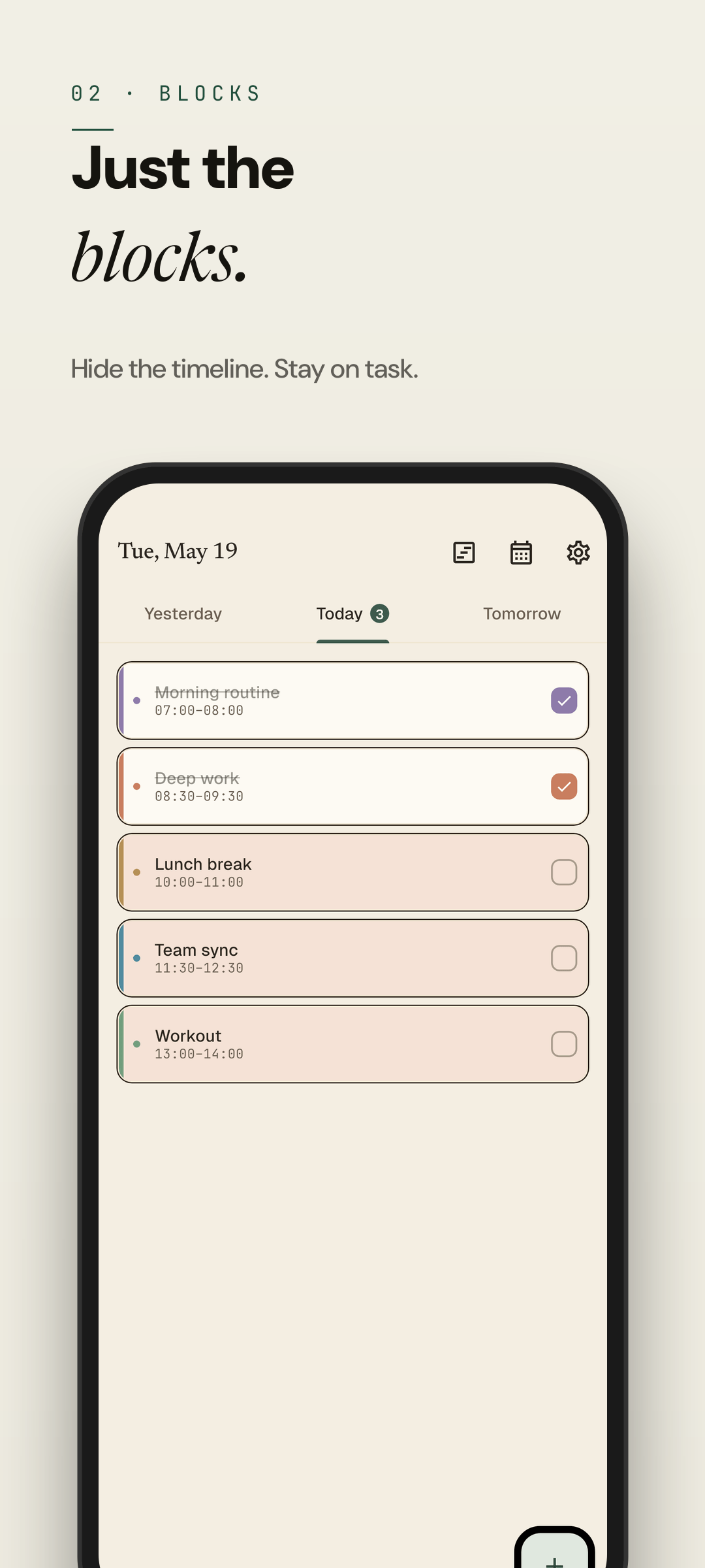 Easeline block mode - picking a time slot and color category for a new block (light theme)