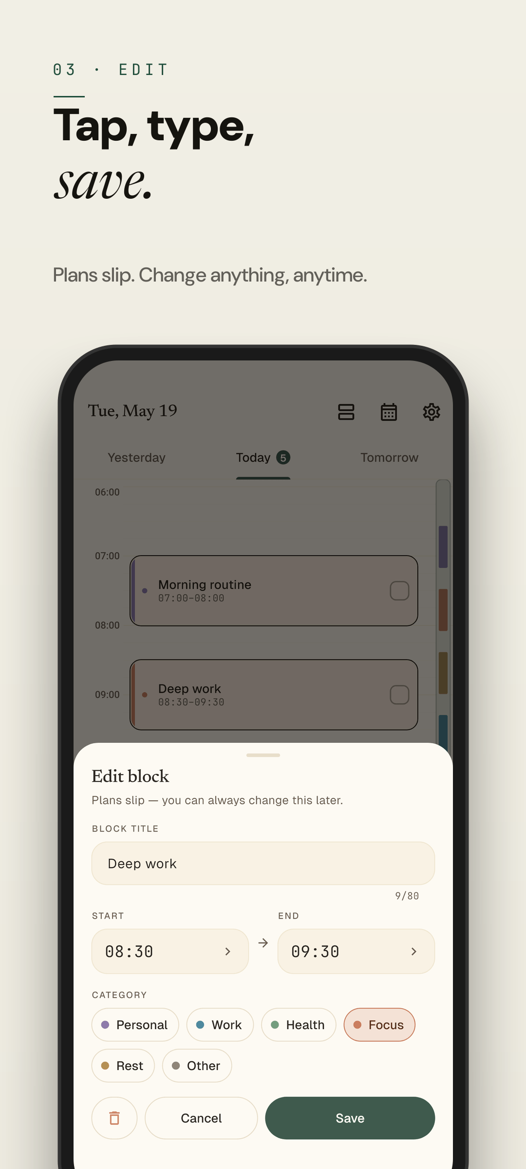 Easeline block editor - adjusting a block's time, duration, and label (light theme)