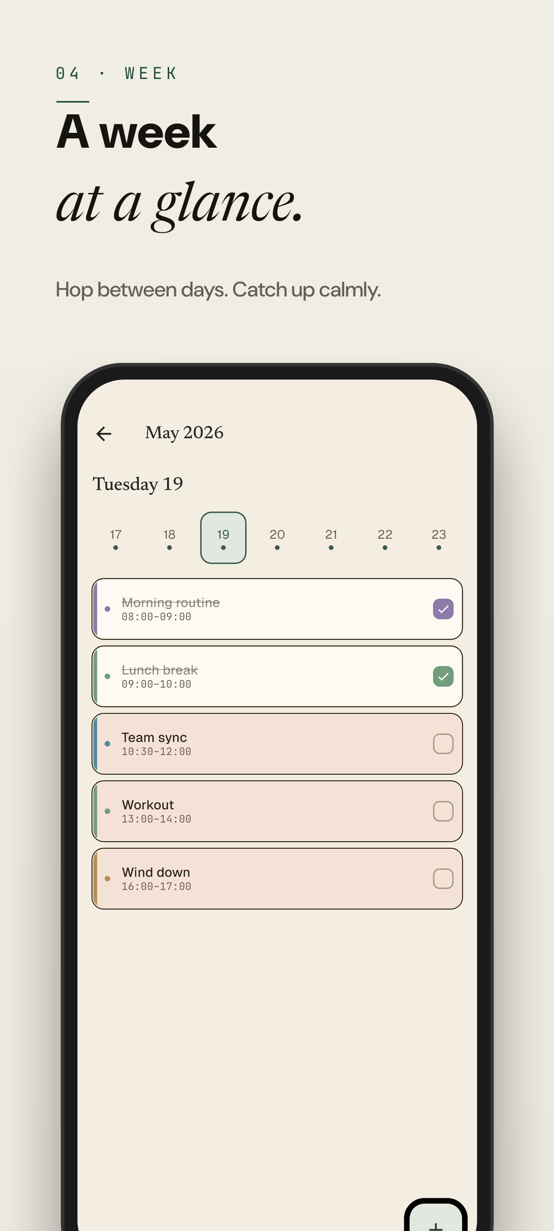 Easeline week view - a glance at all upcoming days as compact timelines (light theme)