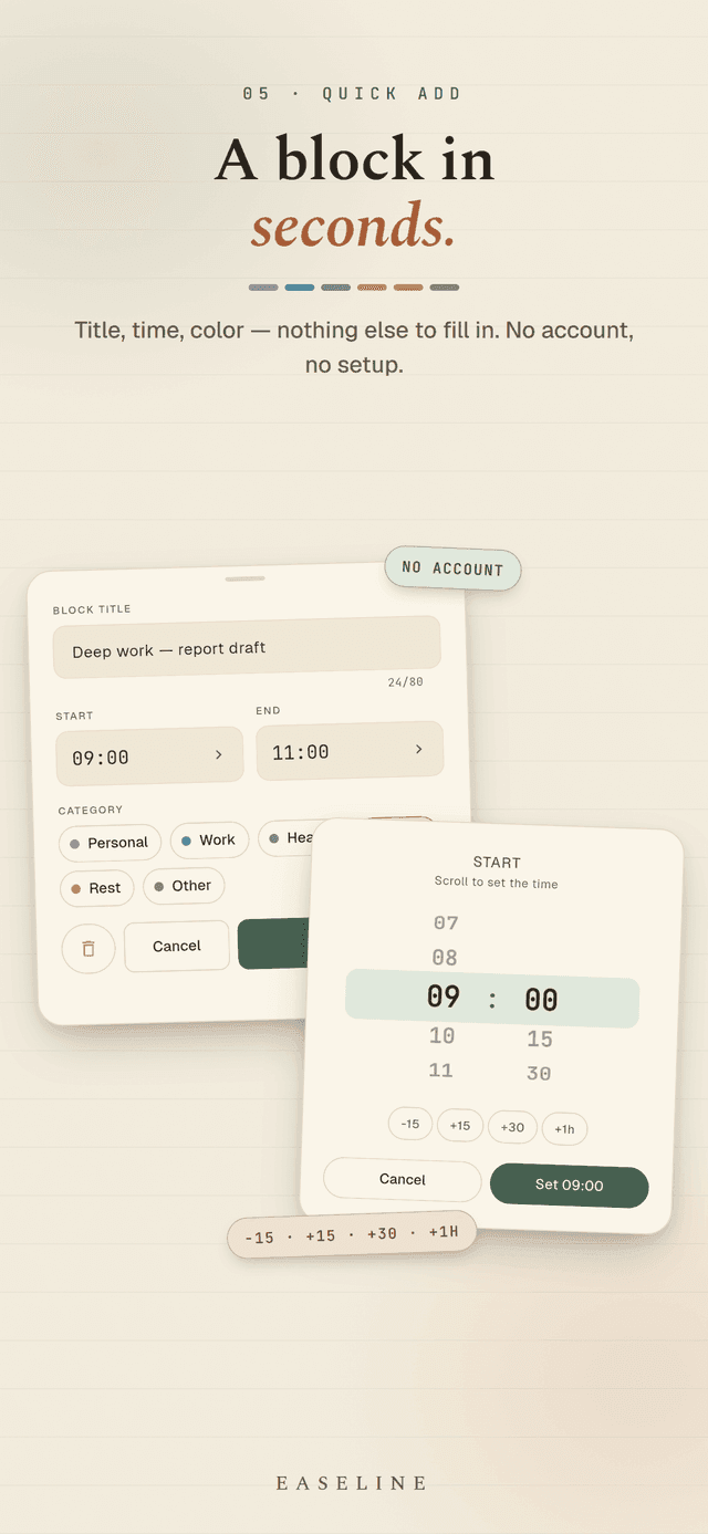 Easeline quick add - creating a block with just a title, time, and color using the edit sheet and wheel time picker, no account or setup