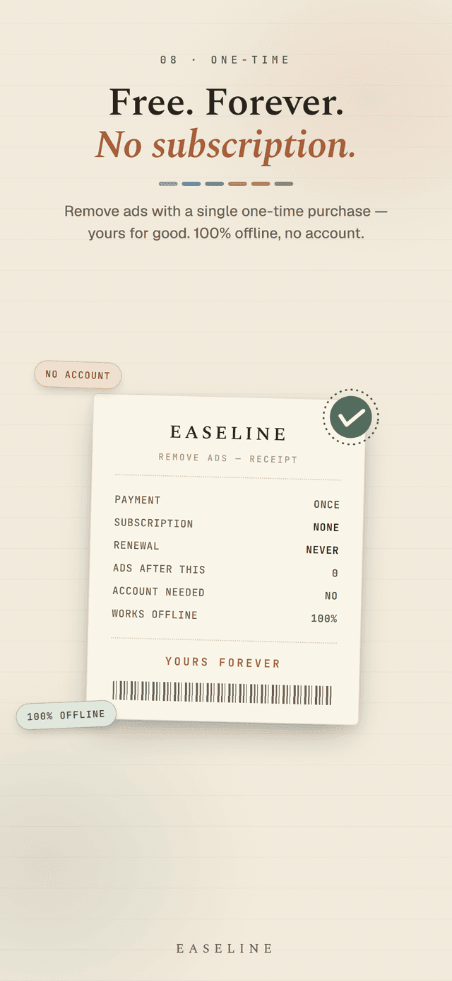 Easeline is yours - a one-time purchase removes ads for good, 100% offline with no account or subscription