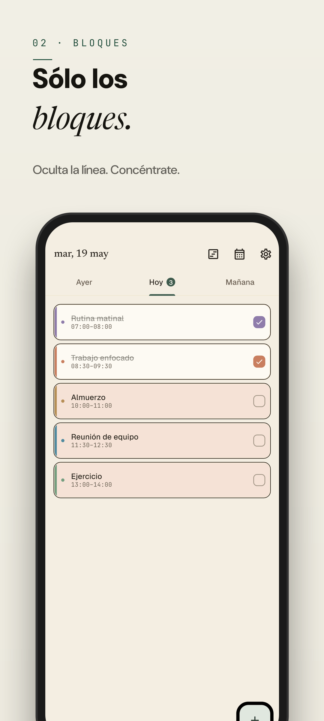 Easeline modo bloque - eligiendo la franja horaria y el color de categoría para un nuevo bloque (tema claro)