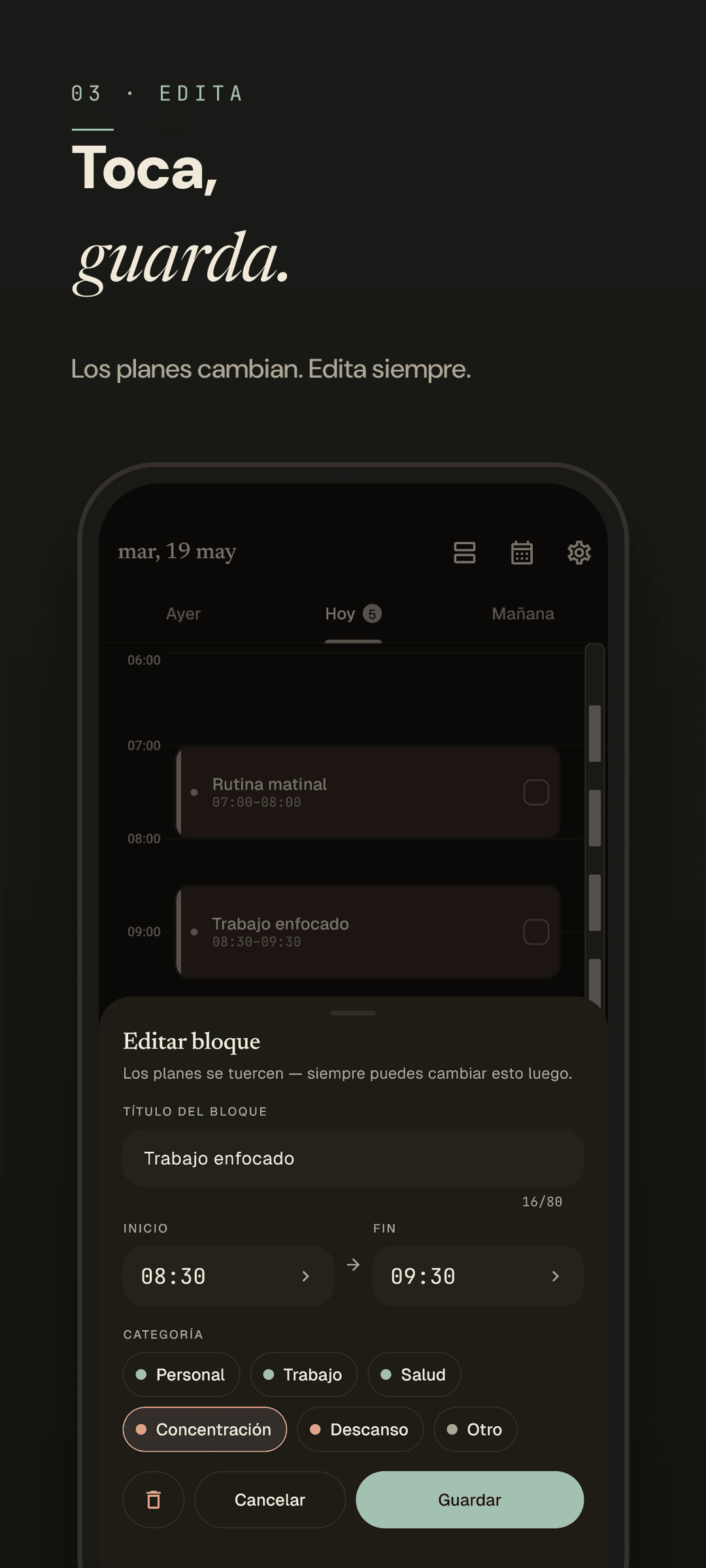 Easeline editor de bloque - mismo editor en modo oscuro