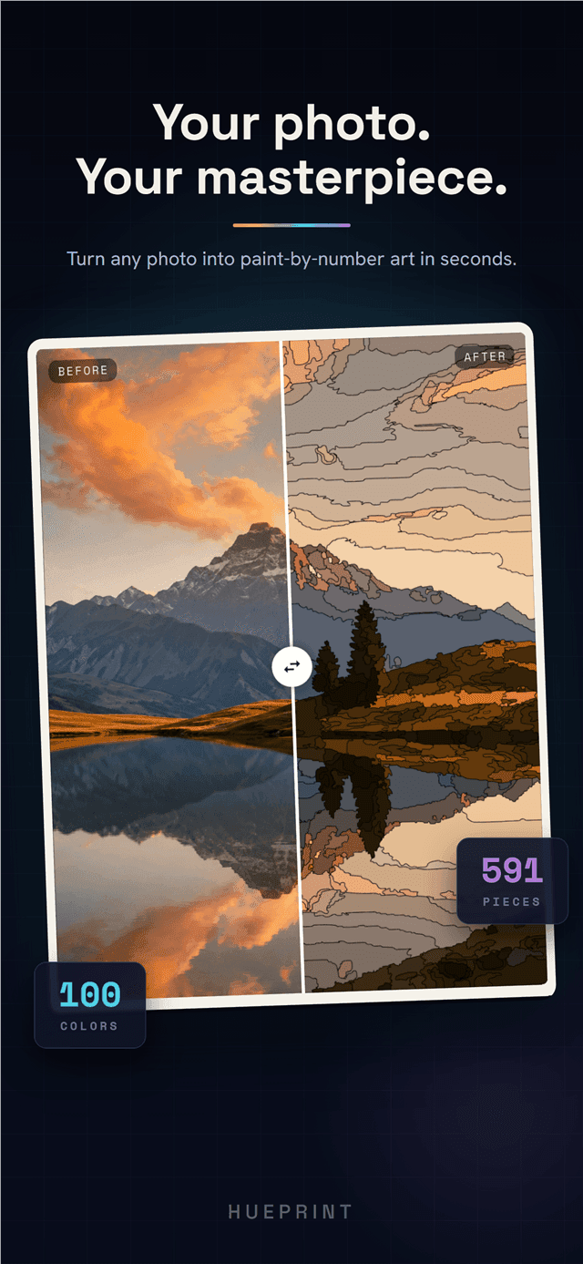 Before-and-after hero: a sunset lake photo turning into a numbered painting