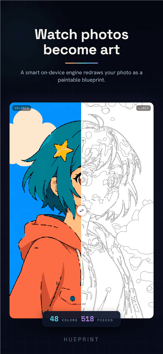 Convert screen splitting an anime portrait into colored and line-art halves