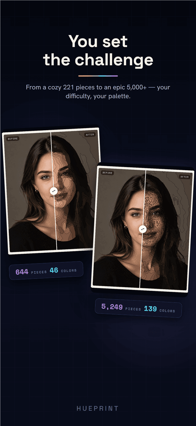 Two portrait conversions side by side - 644 pieces versus 5,249 pieces