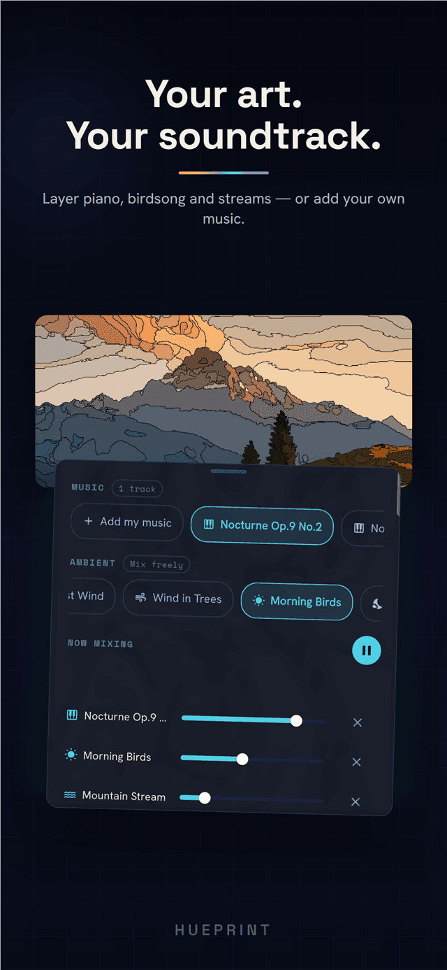Music mixer layering piano, birdsong and stream sounds over a painting