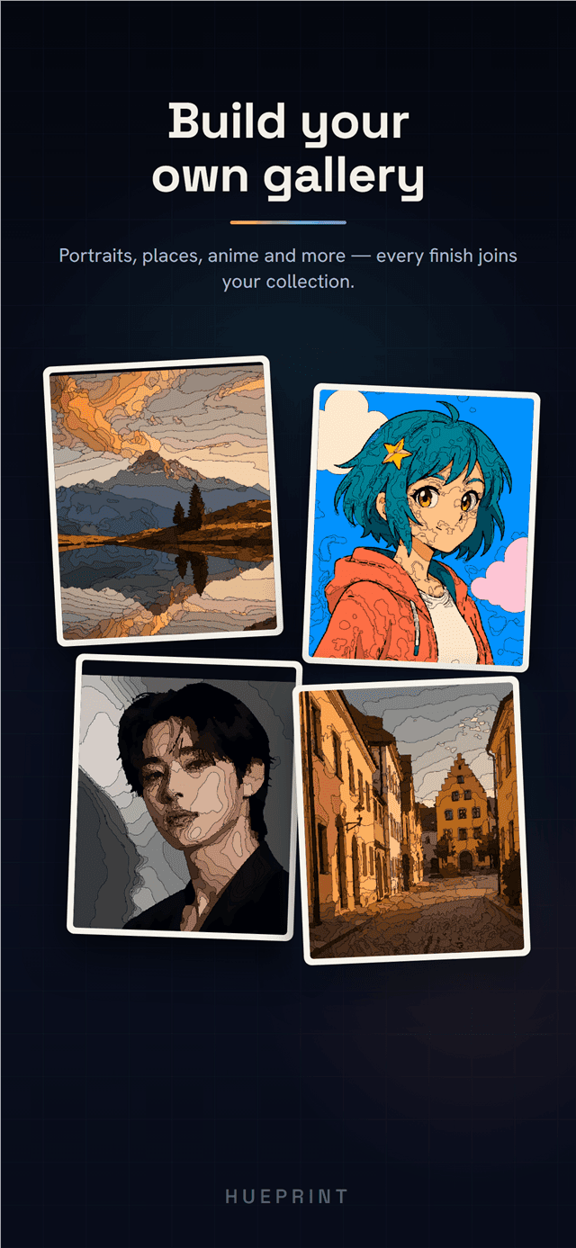 A gallery wall of four framed finished artworks - landscape, anime, portrait and street