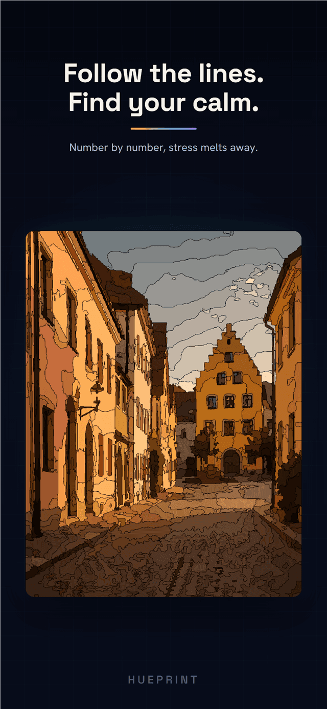 Building-street line-art template ready for a calm painting session