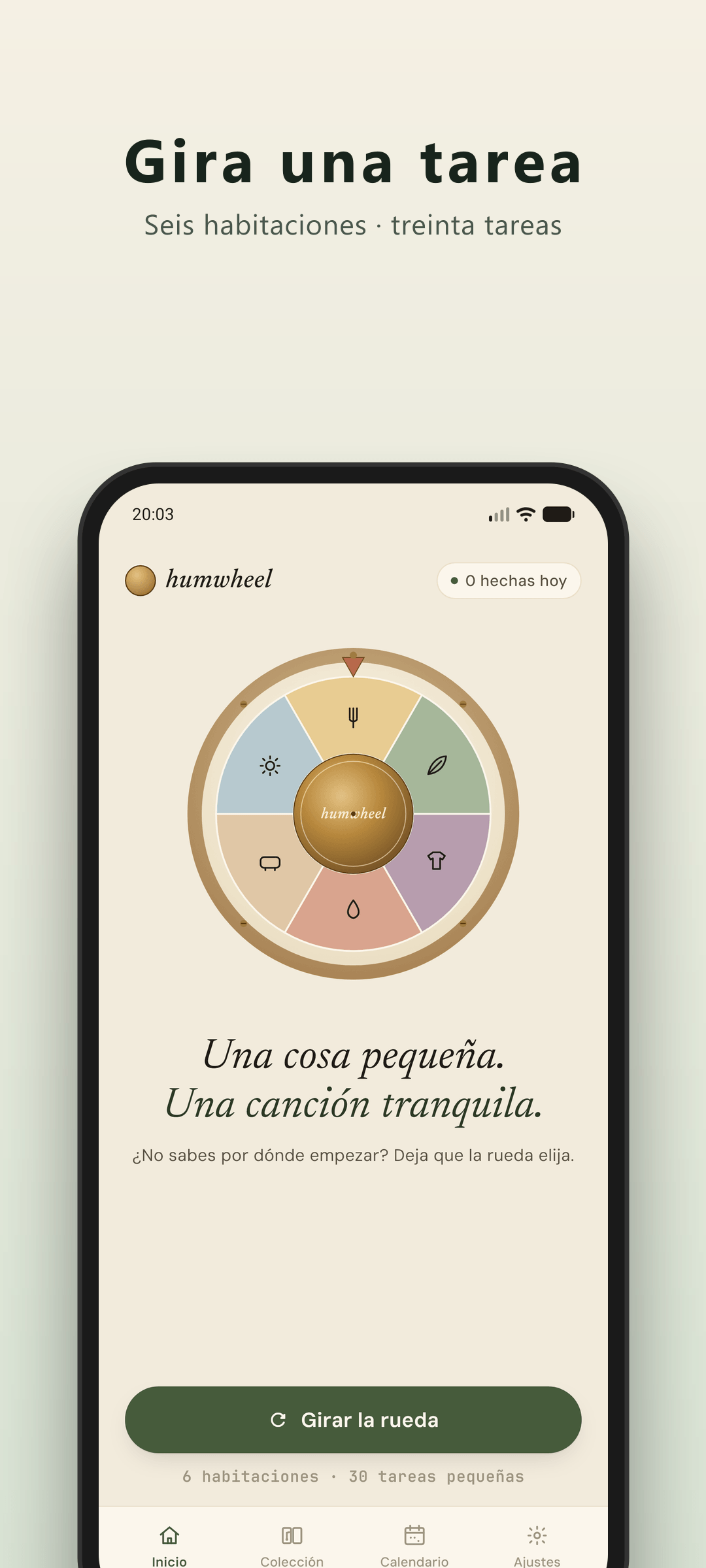 Pantalla de inicio de Humwheel - la ruleta de tareas TDAH lista para girar