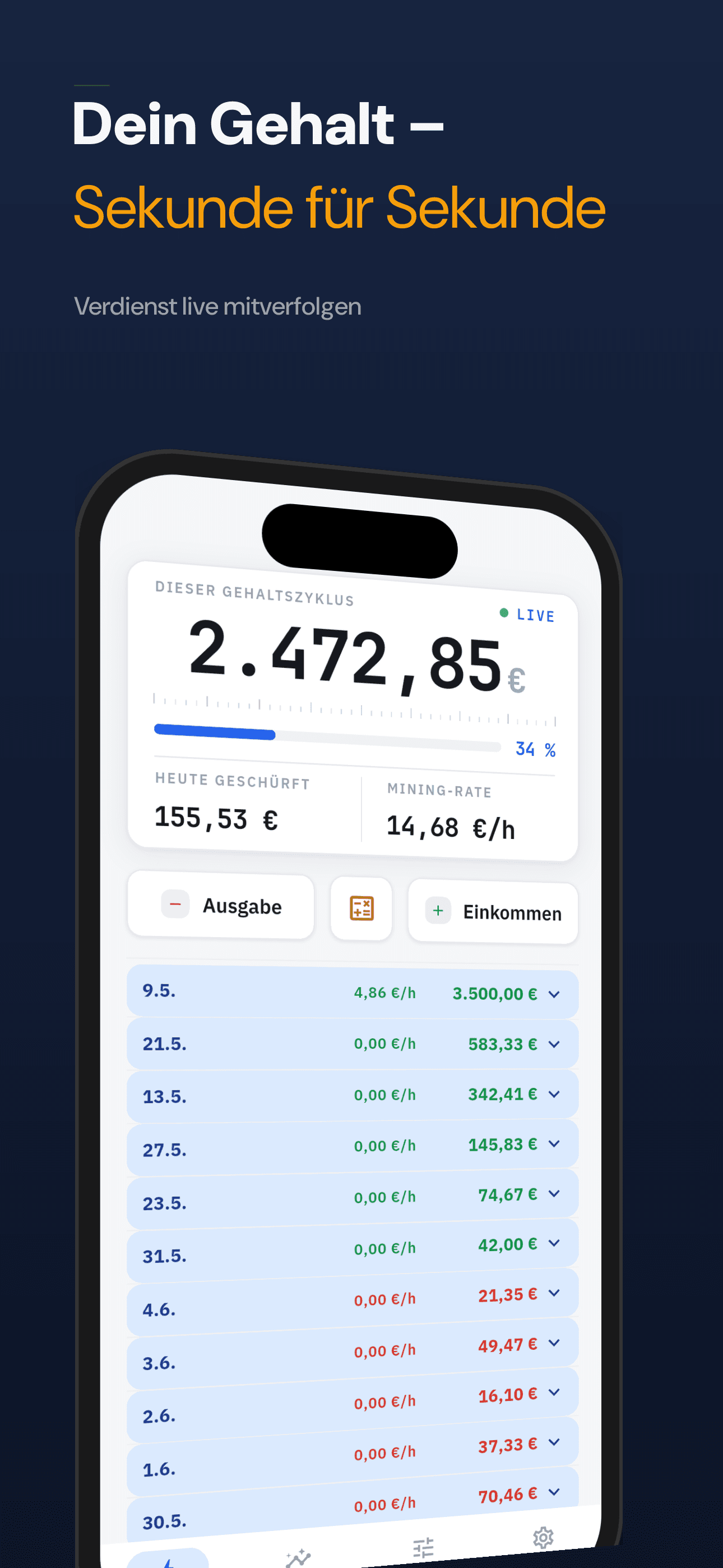 Sekundengenauer Schürf-Zähler auf dem Start-Dashboard