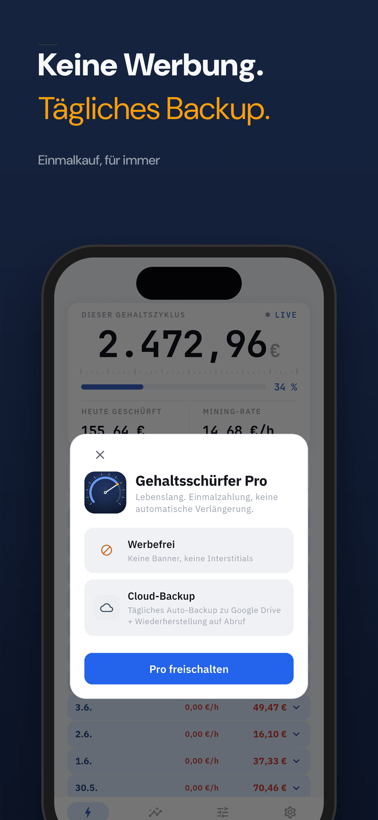 Keine Werbung und tägliches Backup mit einem Einmalkauf