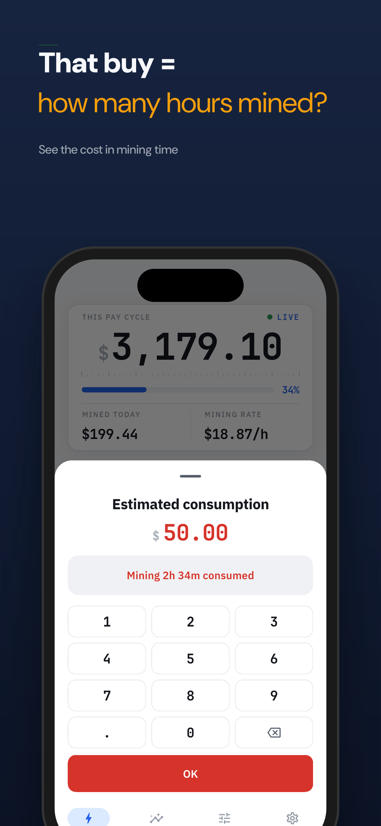 Every purchase priced in hours of mining time