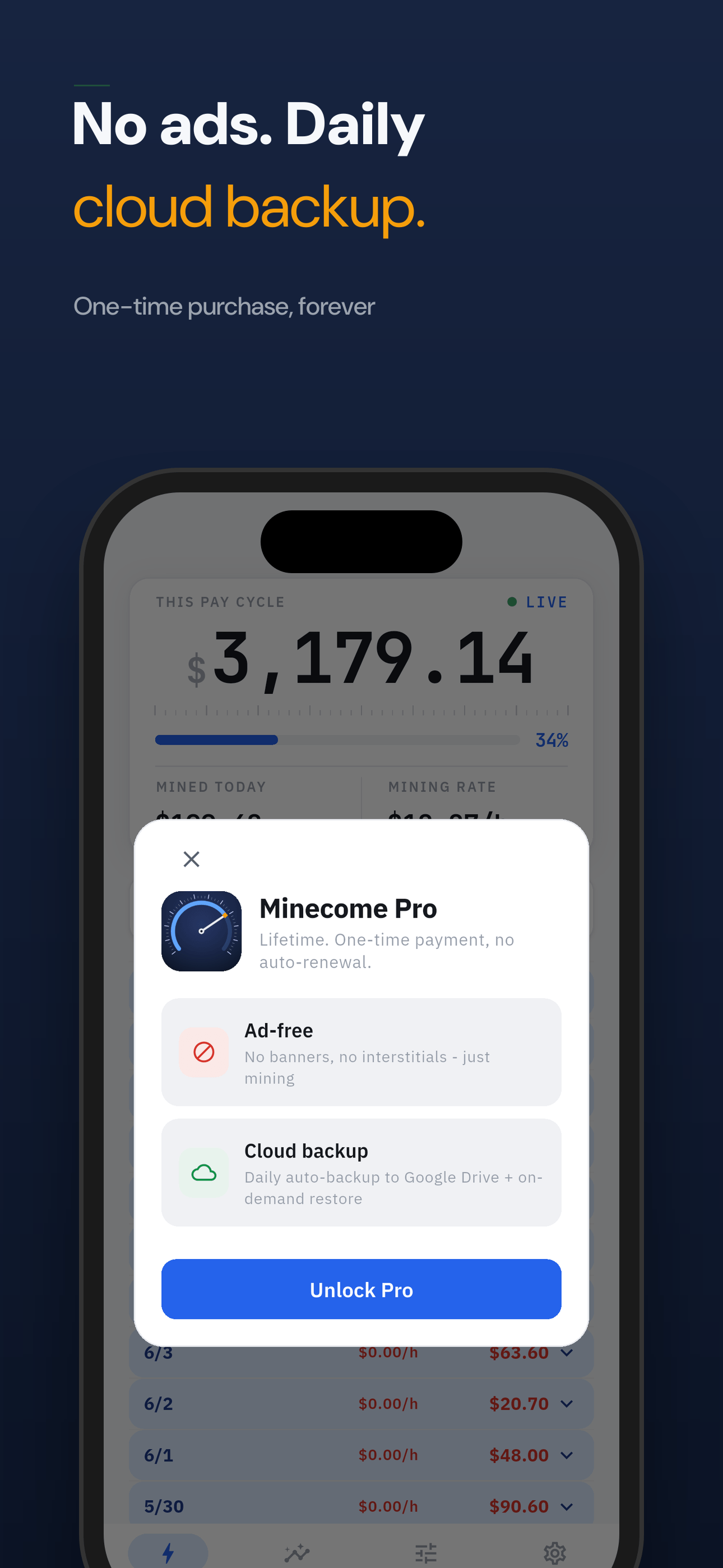 No ads and daily cloud backup with a one-time purchase