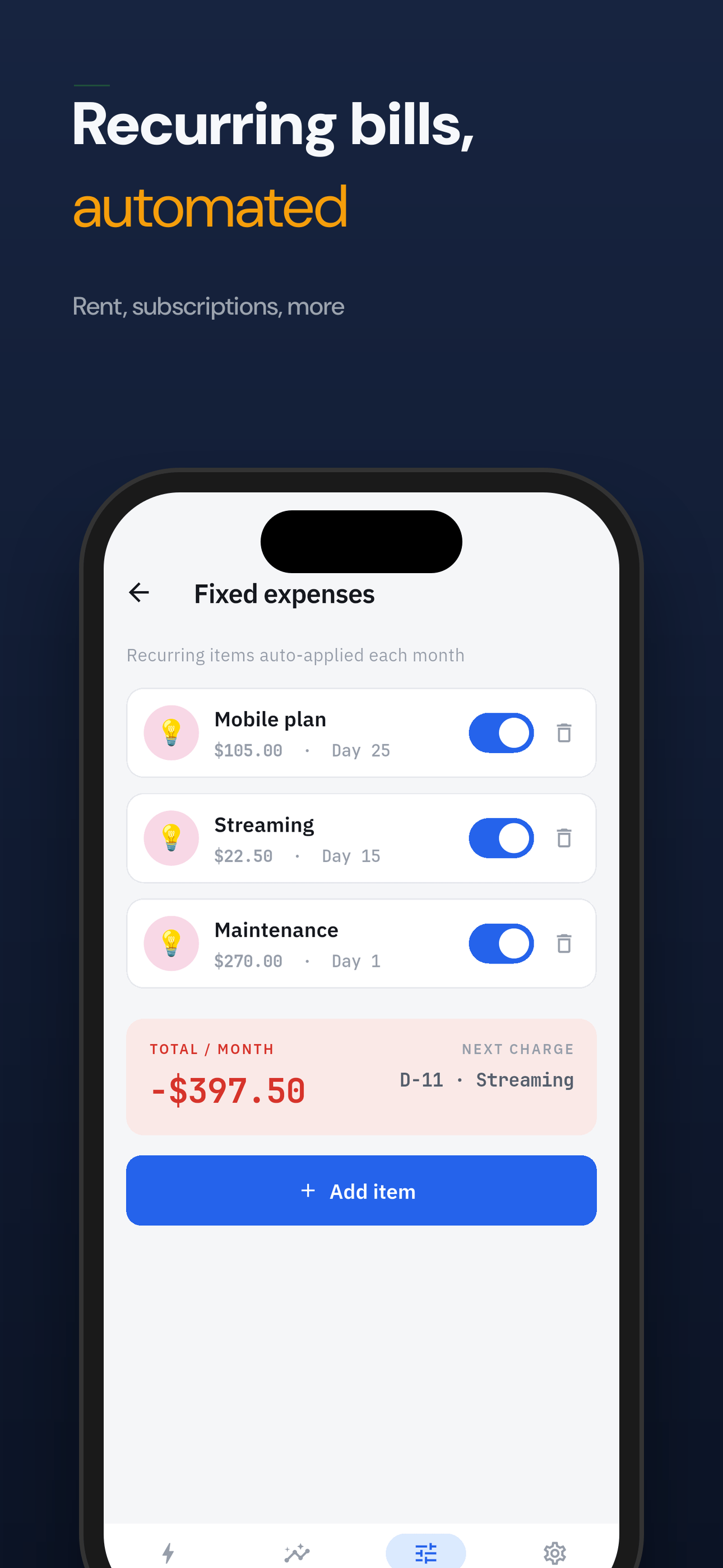 Recurring bills tracked and applied automatically