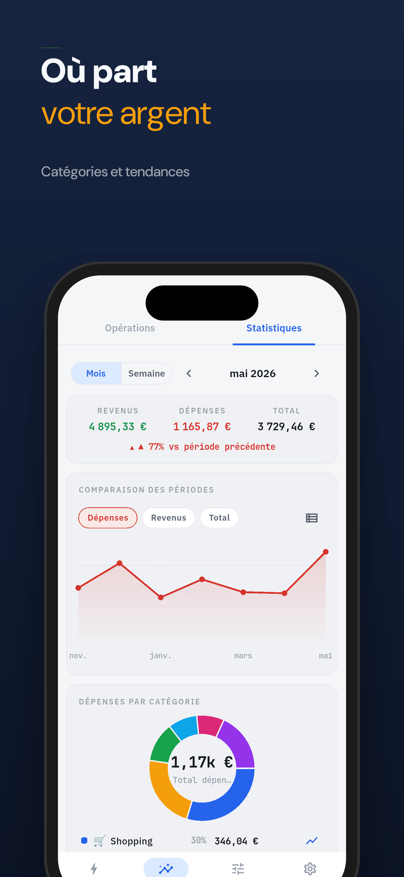 Depenses par categorie avec graphiques de tendances mensuelles