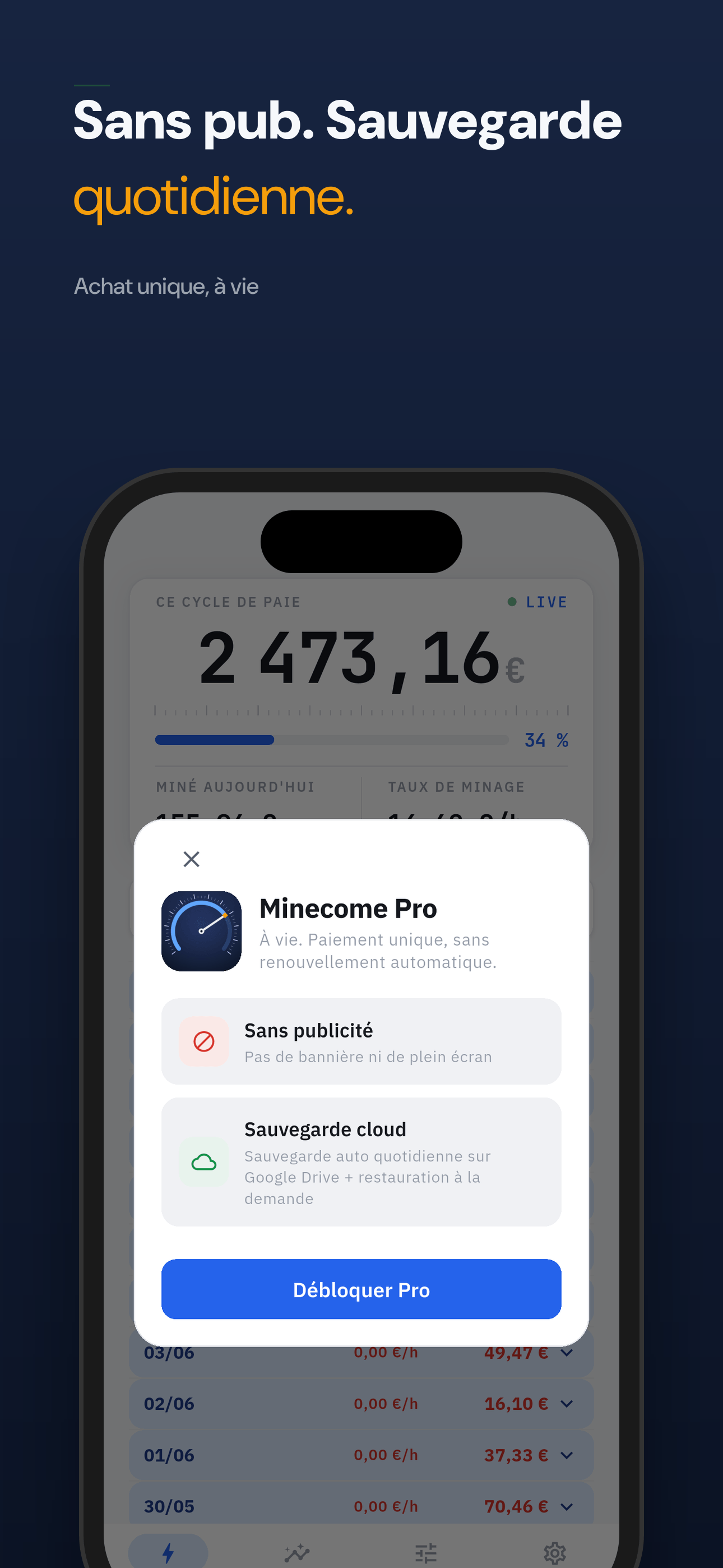 Sans publicite et sauvegarde cloud quotidienne avec un achat unique