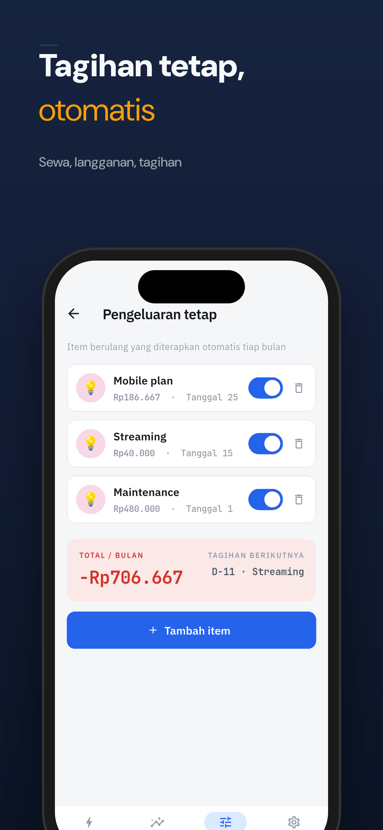 Tagihan tetap dicatat dan diterapkan otomatis