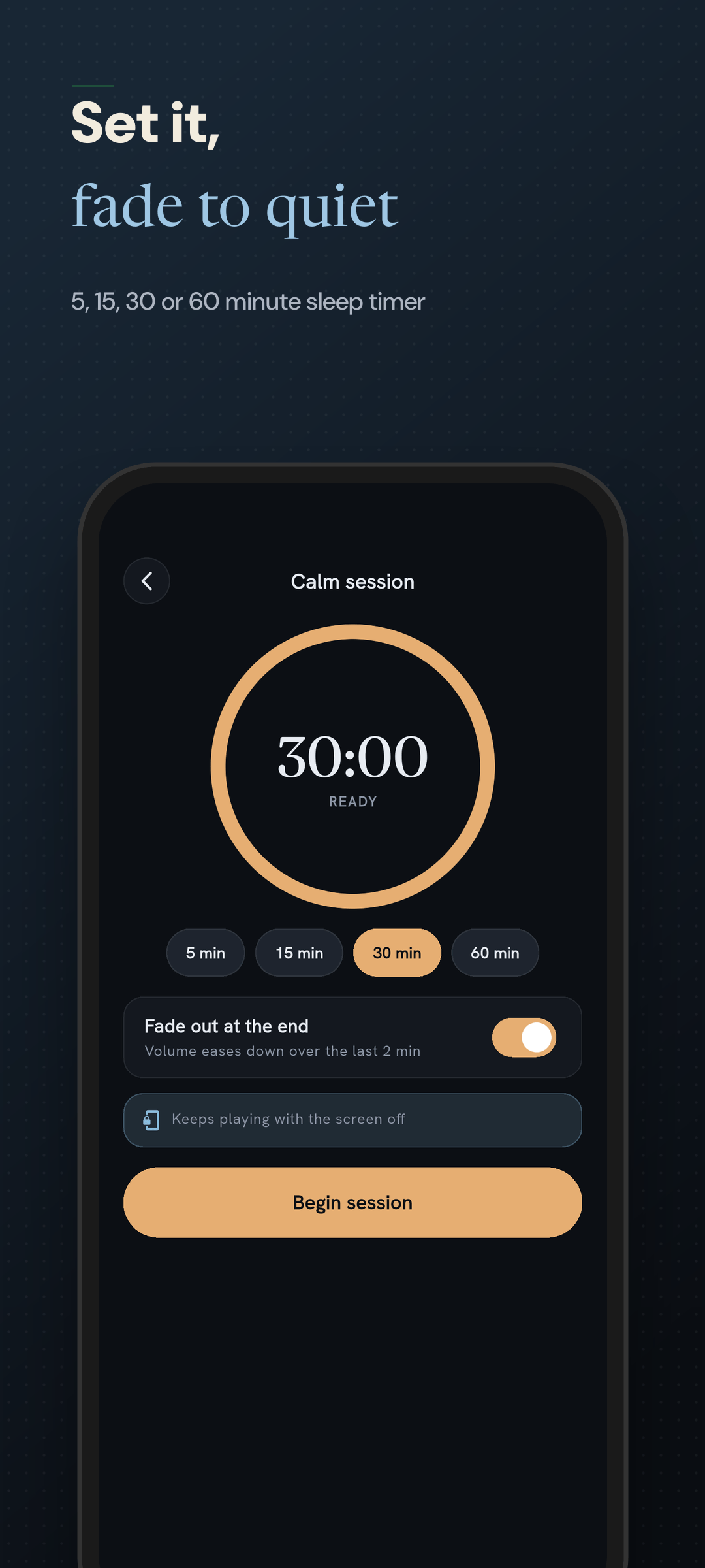 Sleep timer durations of 5, 15, 30 and 60 minutes