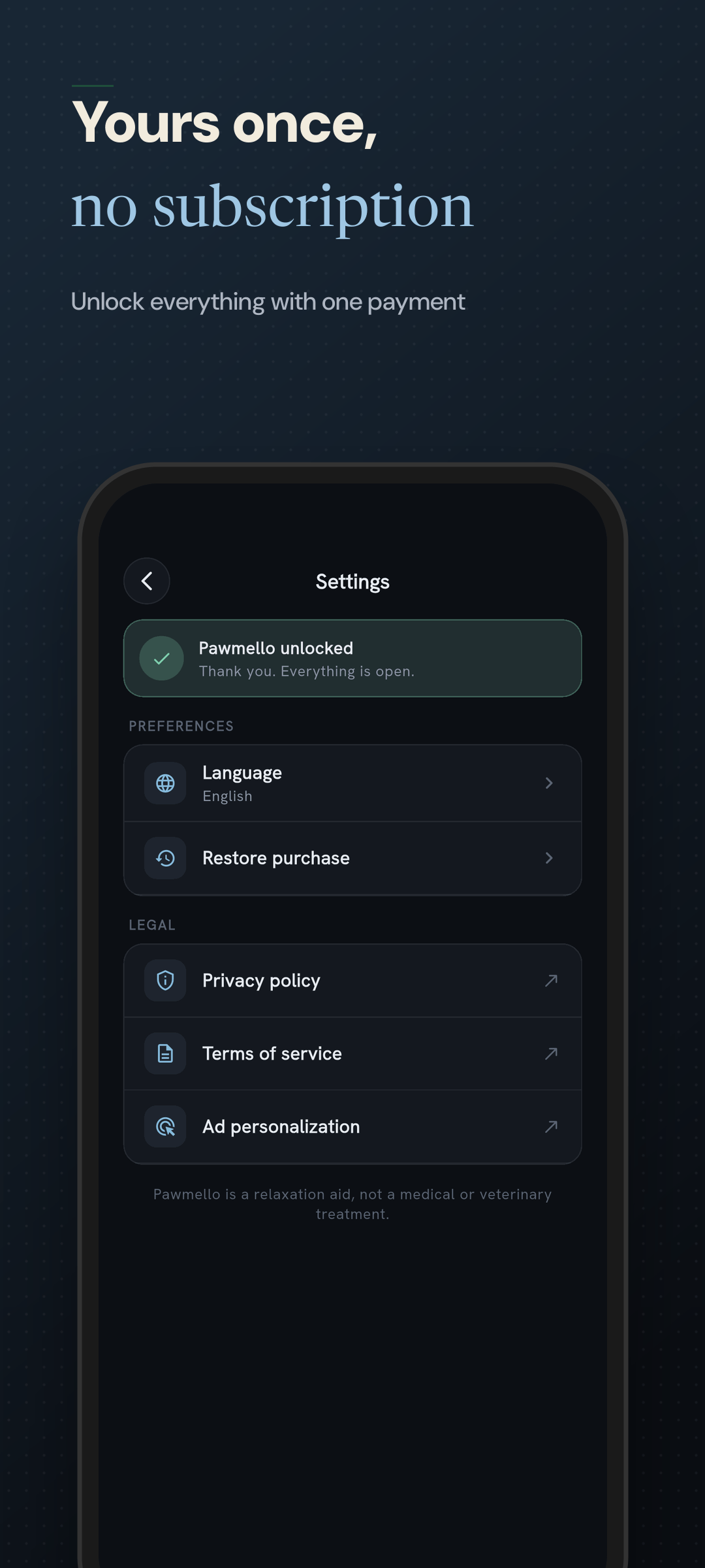 Settings with language, restore and legal links