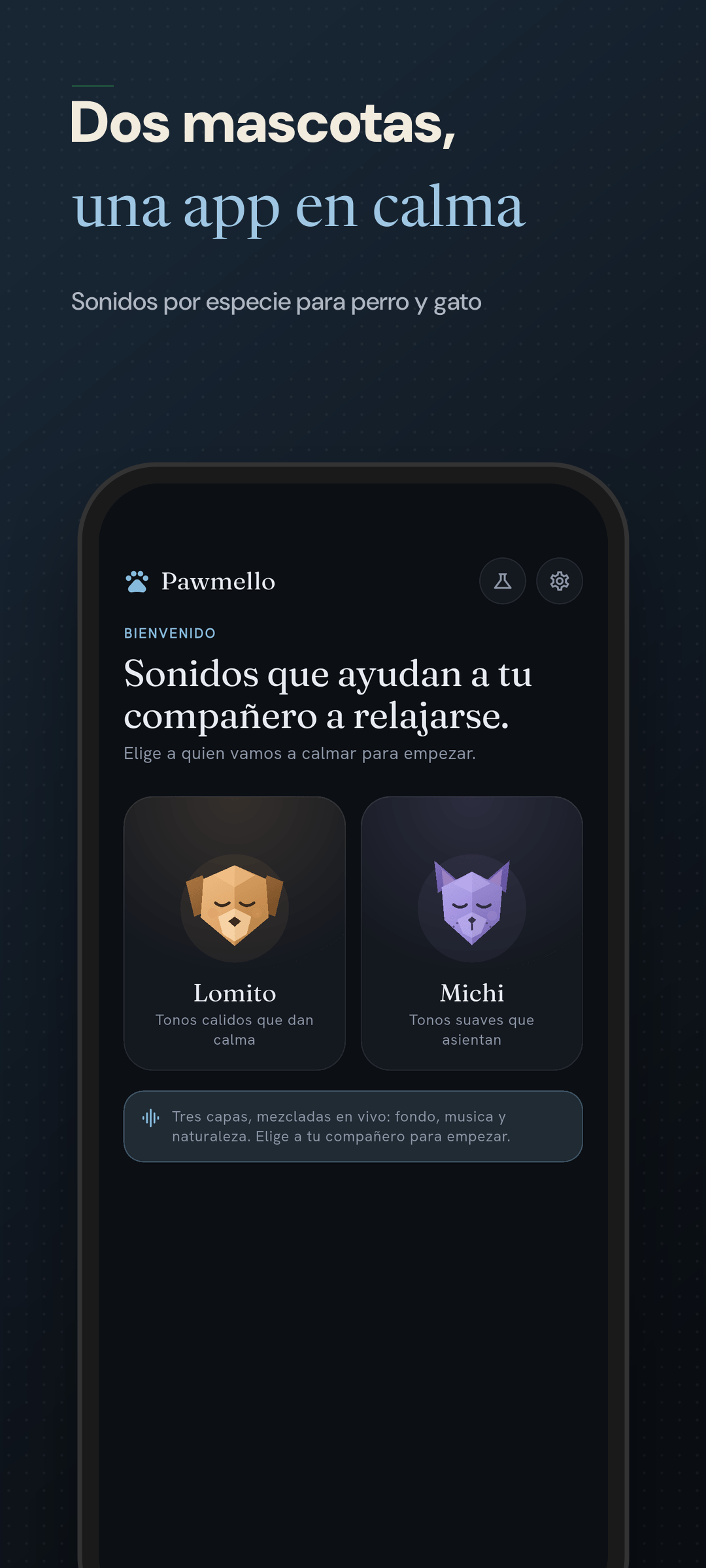 Pantalla de inicio con opciones de perro y gato