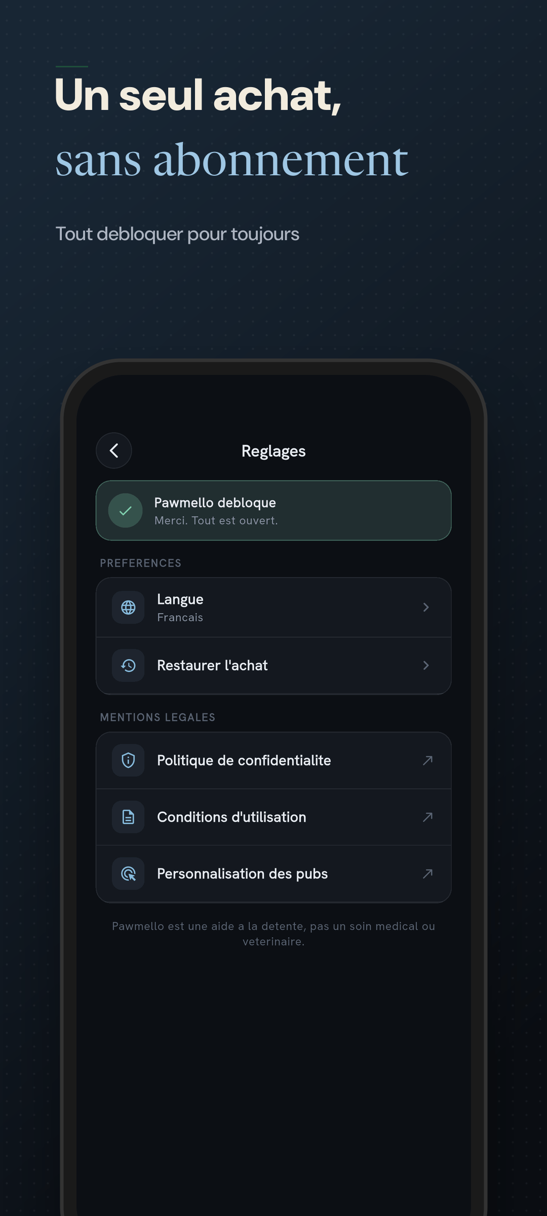 Reglages avec langue, restauration et liens legaux