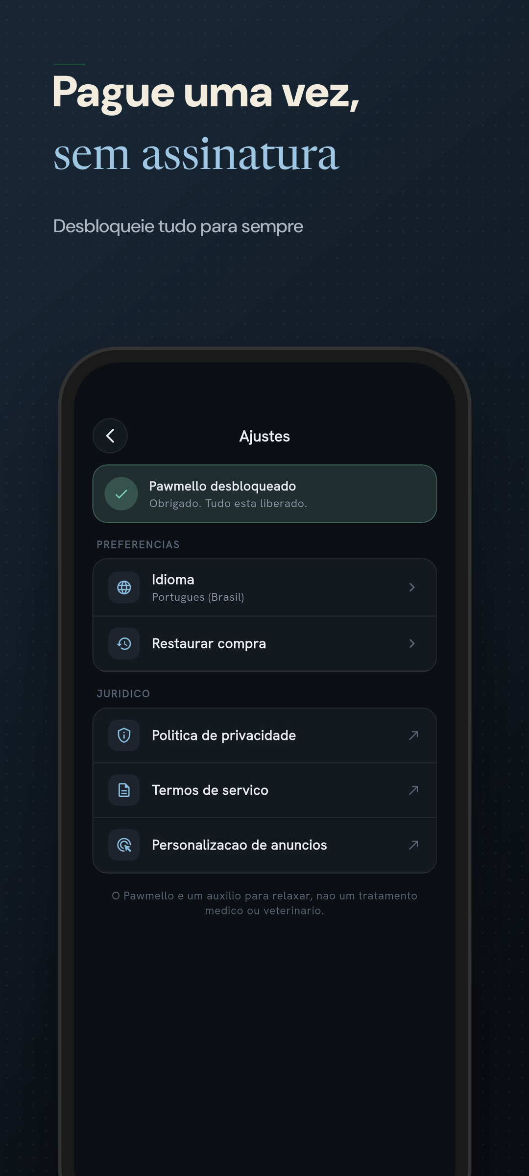 Configuracoes com idioma, restauracao e links legais