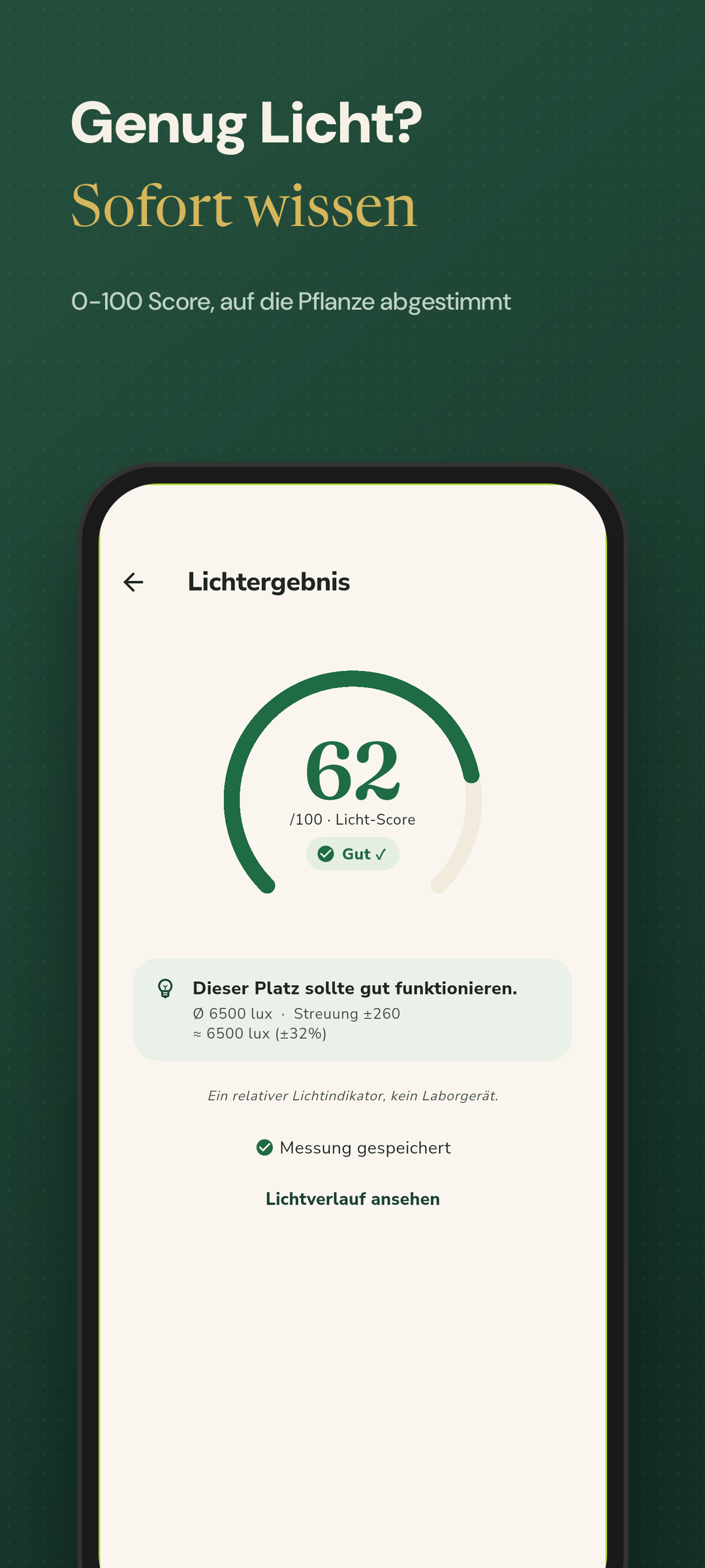 Lichtergebnis mit 0-100 Wert und Bewertung genug