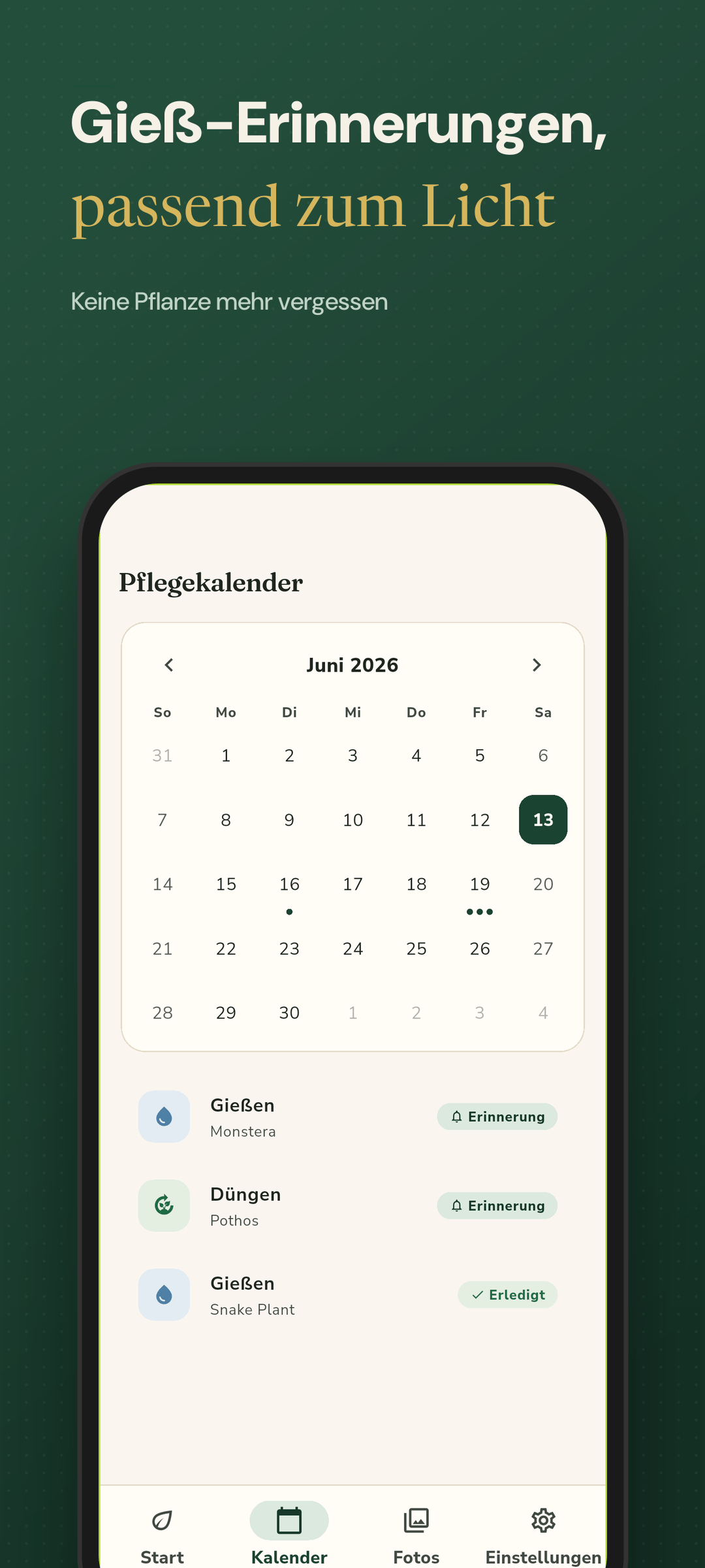 Pflegekalender mit Giess-Erinnerungen