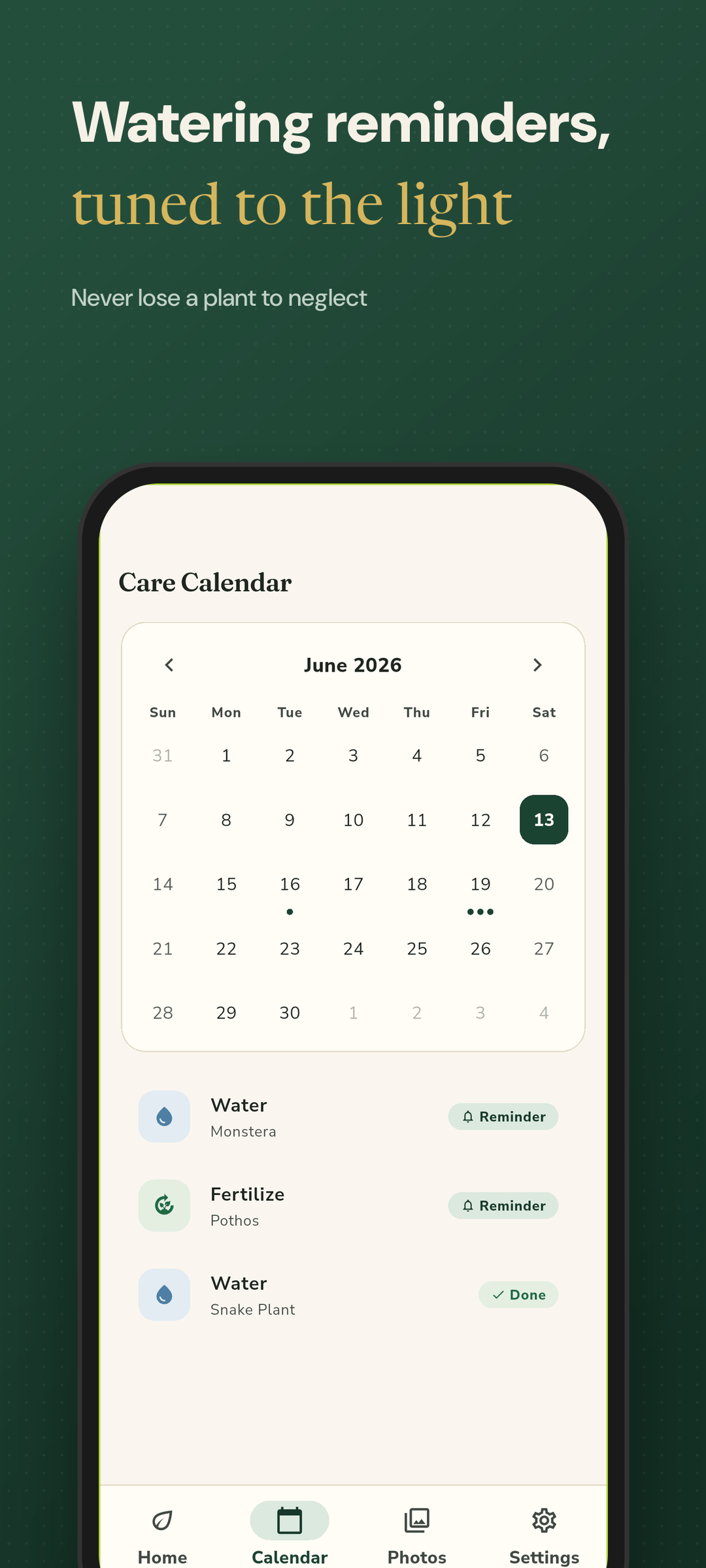 Care calendar with watering reminders
