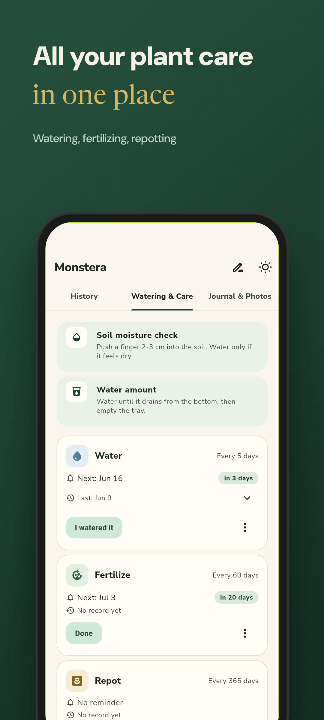 Per-plant watering and care schedule