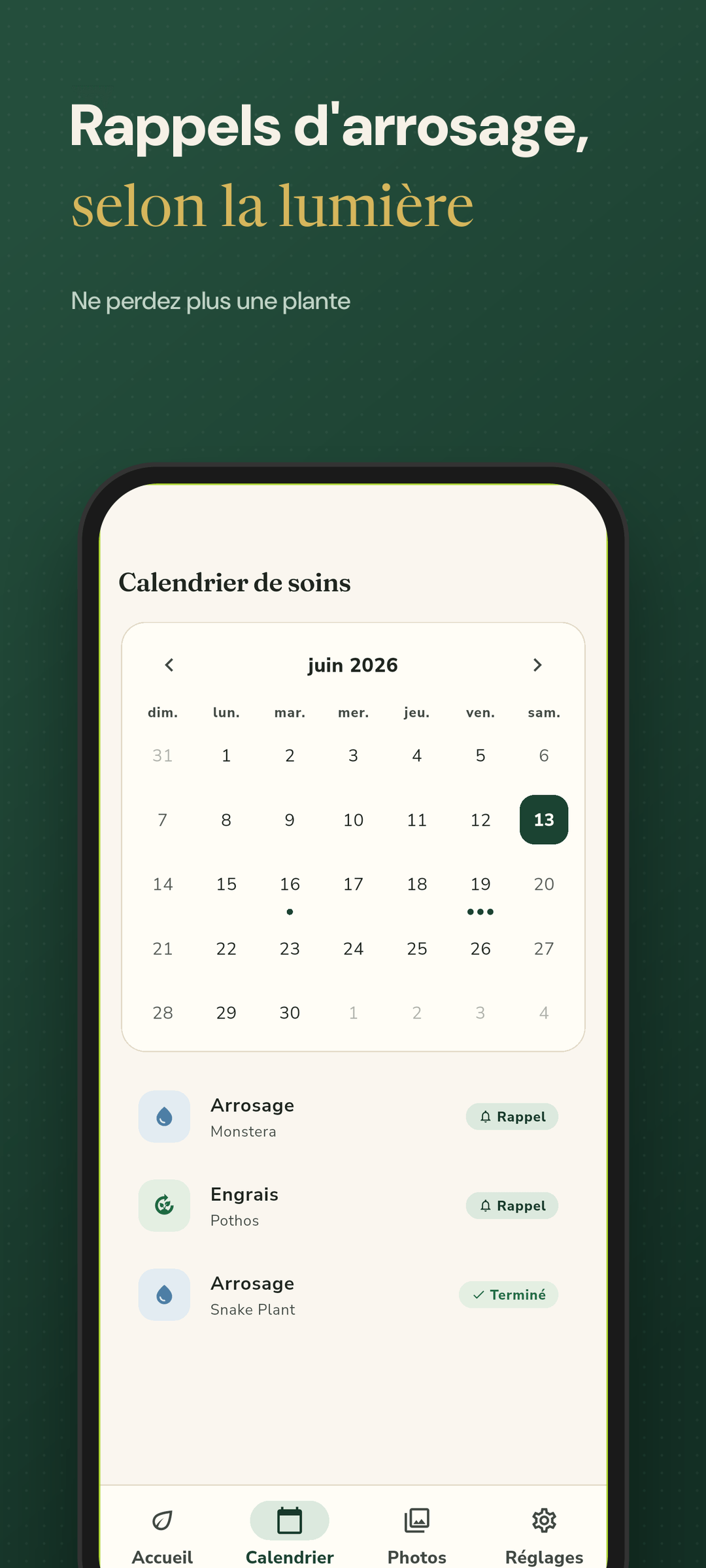 Calendrier d'entretien avec rappels d'arrosage