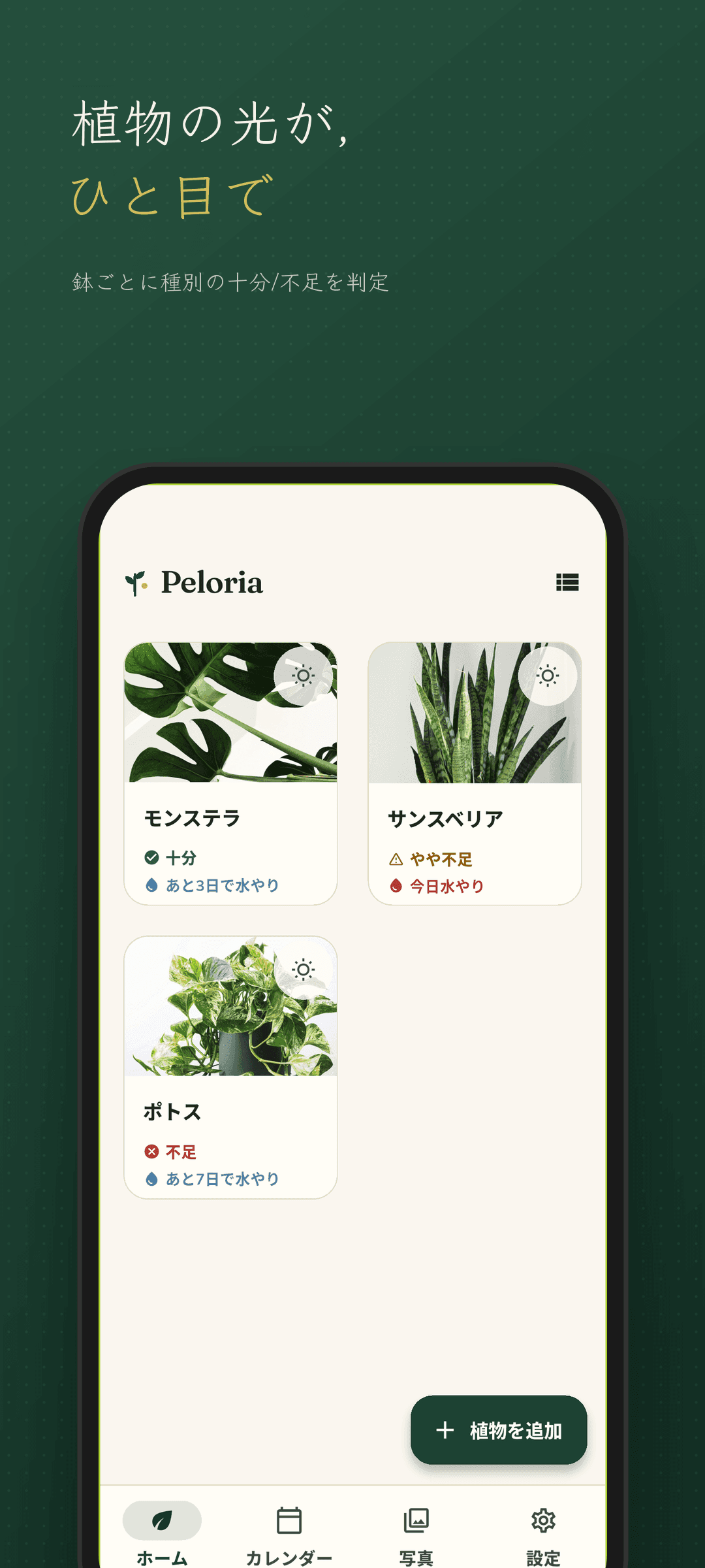 植物ごとの光の状態を示すホーム画面