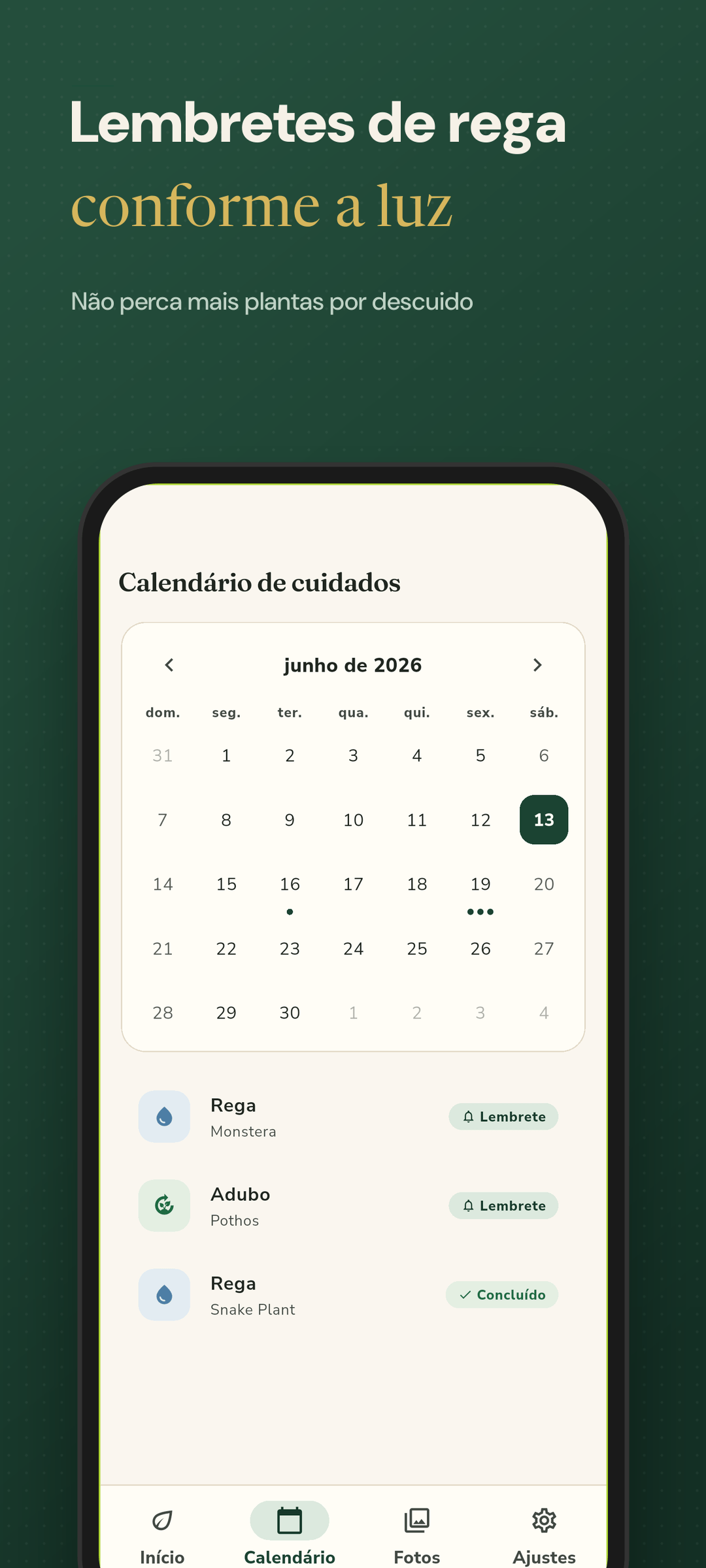 Calendário de cuidados com lembretes de rega