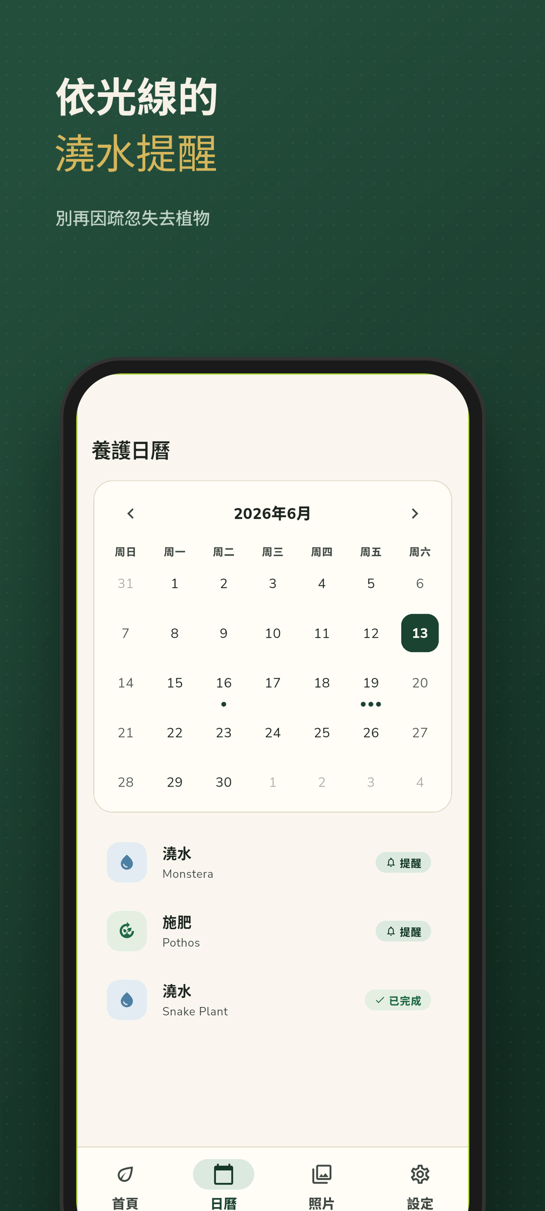 含澆水提醒的照護日曆
