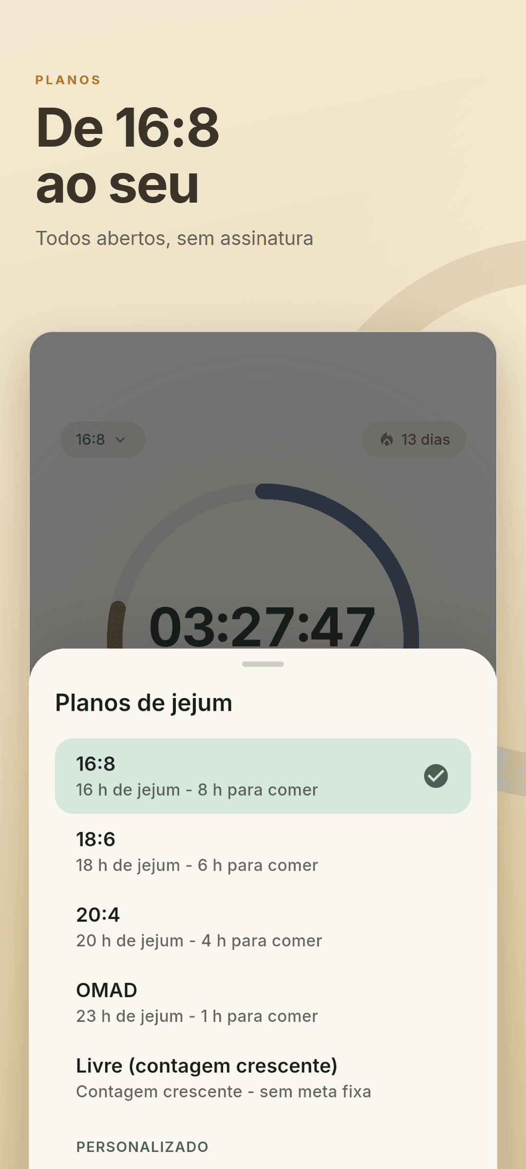 A folha de planos com 16:8, 18:6, 20:4, OMAD, contagem crescente e um plano próprio 14:10