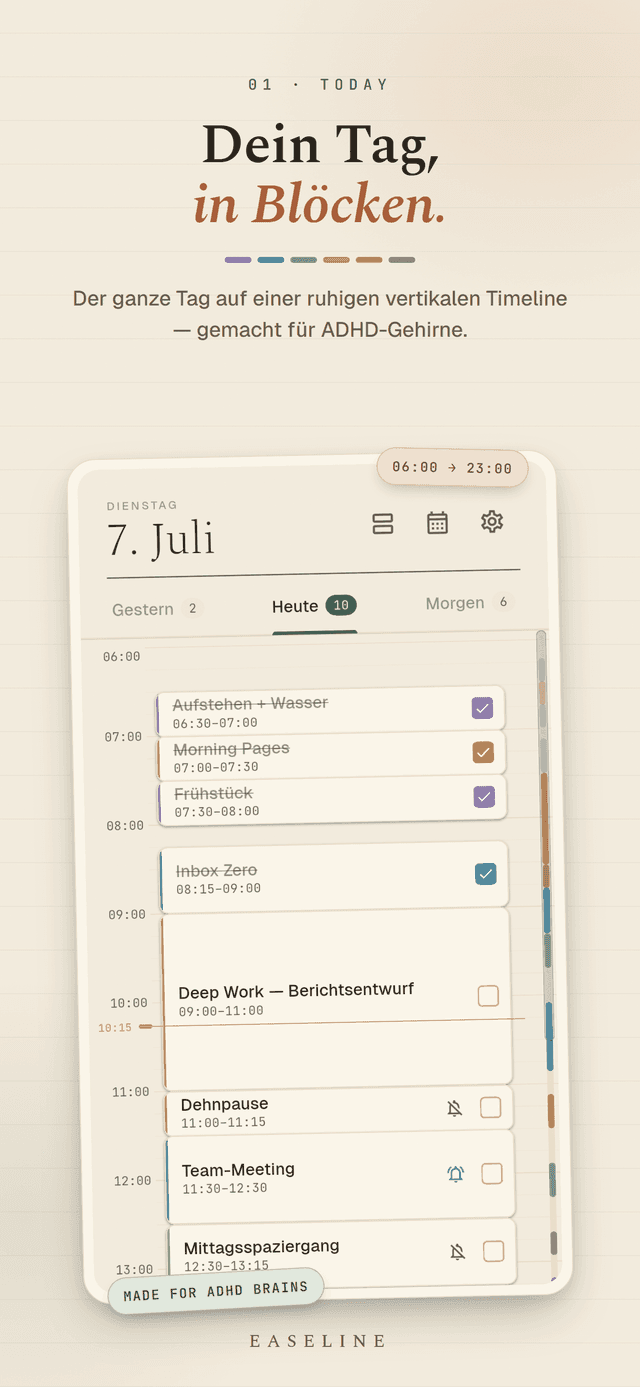 Easeline Heute-Ansicht - der ganze Tag als senkrechte Zeitleiste aus farbigen Zeitblöcken, von 6 bis 23 Uhr