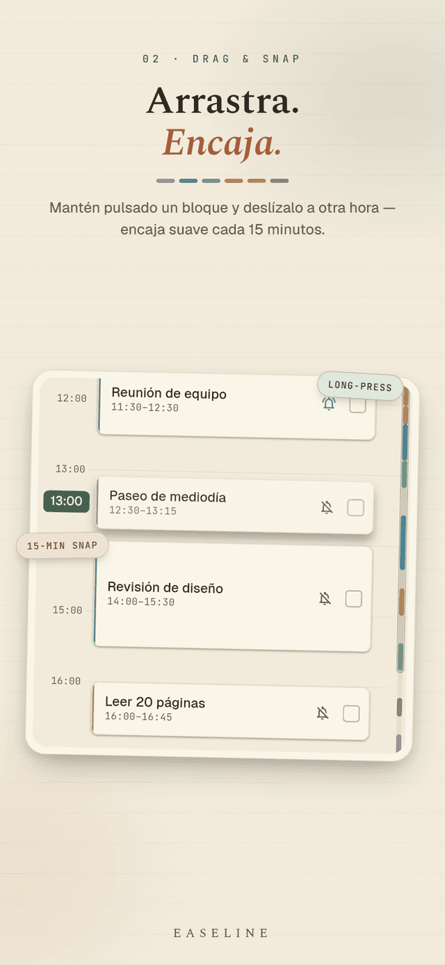 Easeline arrastrar para reprogramar - mantén pulsado un bloque y deslízalo a una nueva hora con un suave ajuste de 15 minutos