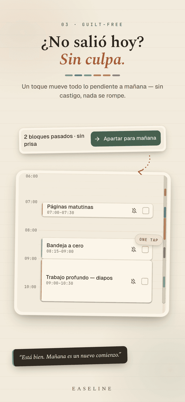 Easeline reprogramar sin culpa - un toque mueve a mañana todos los bloques sin terminar, sin penalización ni nada que romper